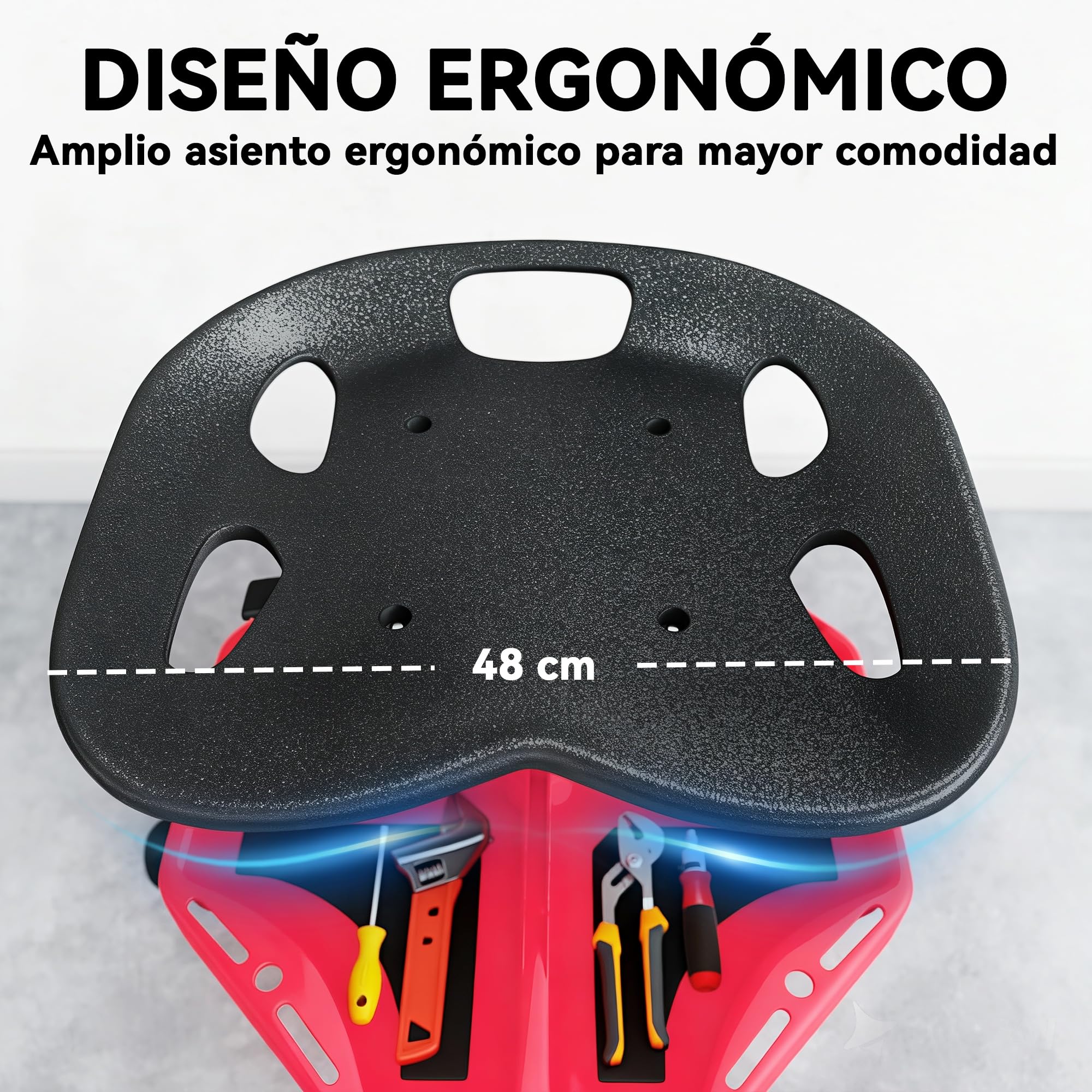 HOMCOM Sgabello da Officina Mobile con Vassoio Magnetico, Altezza Regolabile 52-59,5 cm, carico 135 kg, Sgabello da Meccanico con Ruote, per Garage, riparazioni automobilistiche, Rosso