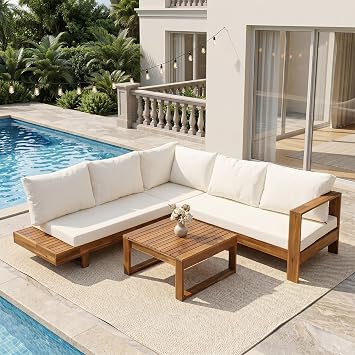 SOOWERY Patio Furniture Set, Outdoor Sectional Acacia Wood Patio Sectional Furniture Set with Coffee Table, L Shaped Outdoor Couch with Thick Washable Cushions