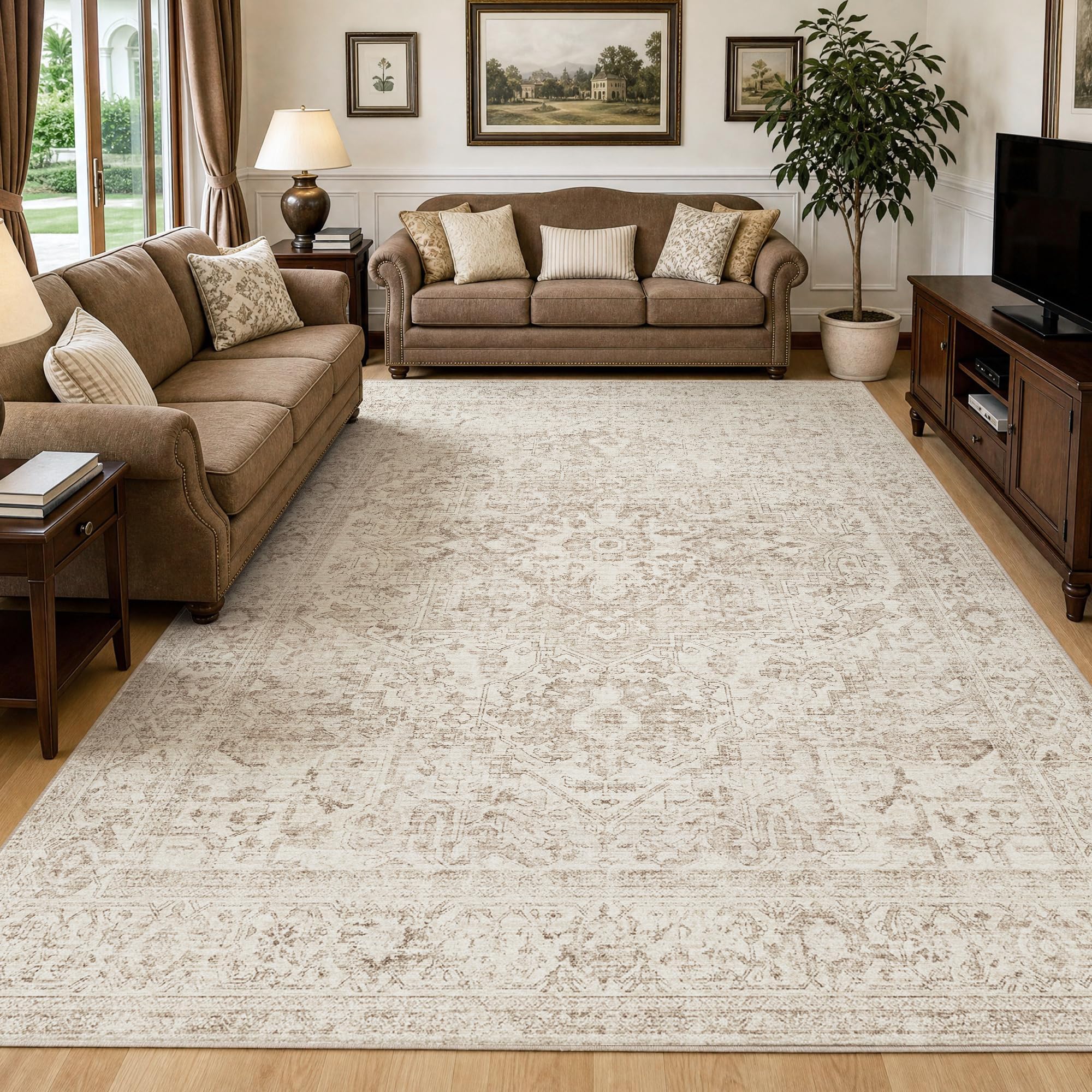 Beauoop 200X300 cm Beige Vintage Waschbarer Teppich Wohnzimmer Schlafzimmer | Kurzflor Weich Rutschfest Groß Orientalischer Teppiche Gegnd Esszimmer Büro Carpet for Living Room Bedroom Rugs