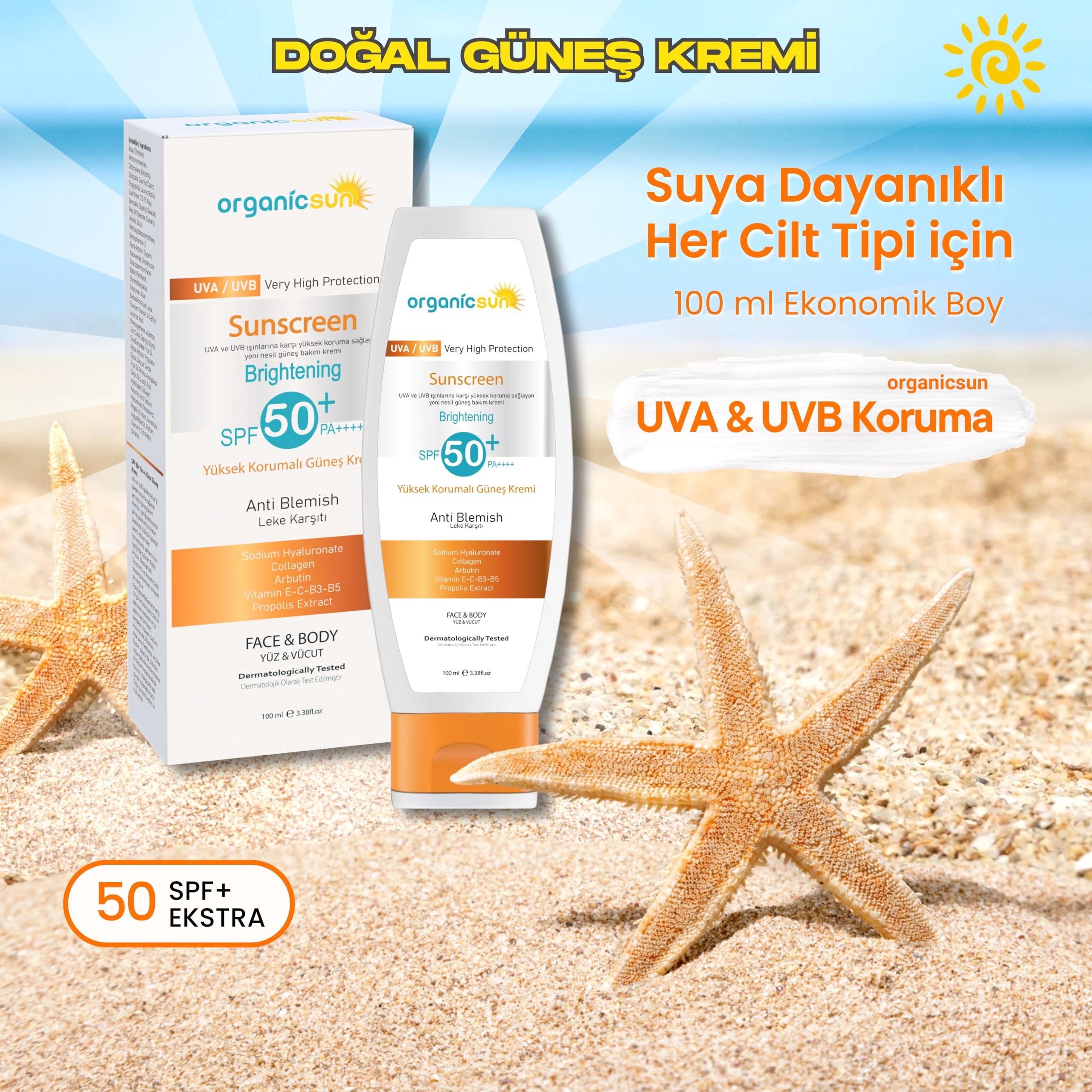 Organicsun Spf 50+ Yüz ve Vücut Güneş Kremi 100ML – Leke Karşıtı, Yüksek Korumalı, Suya Dayanıklı, Her Cilt tipine uygun, Vegan