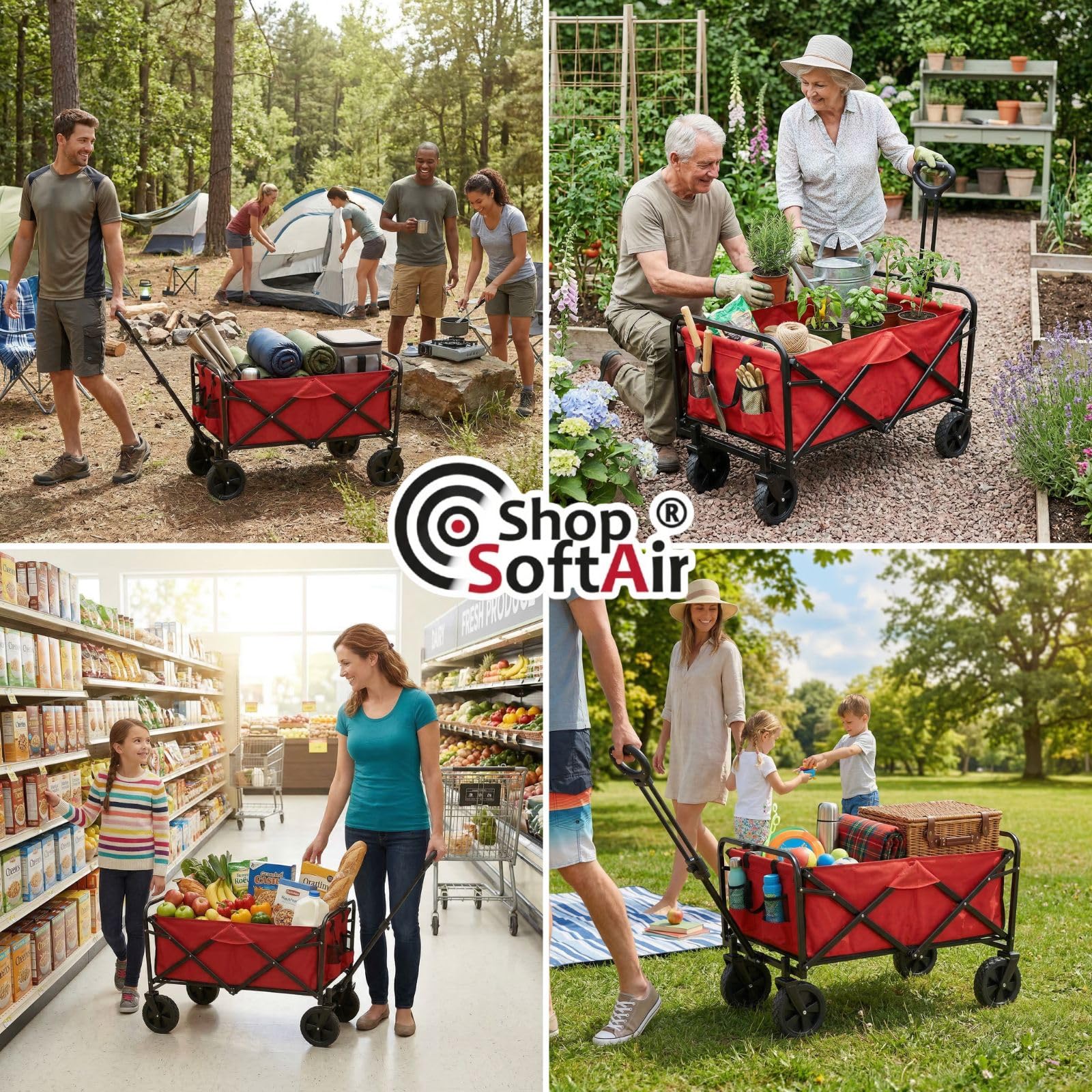 Carrello Pieghevole con Manico Retrattile, Tessuto Oxford, 43x78,5 cm, Portata 75 kg, Blu e Rosso, Perfetto per Campeggio, Giardinaggio e Gite in famiglia (Rosso)