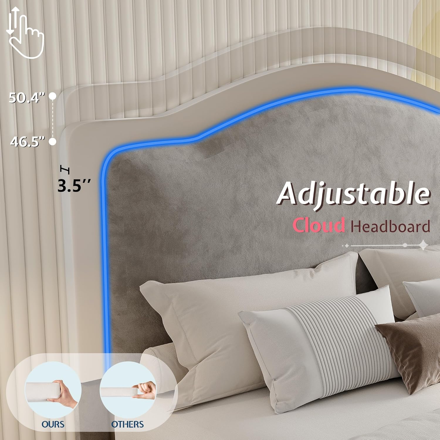 Jocisland Twin Bed Frame with Storage Drawers, Upholstered Platform Bed with 51" Adjustable Velvet Headboard, RGB LED Lights, Princess Platform Bed for Girls, No Box Spring Needed, Grey