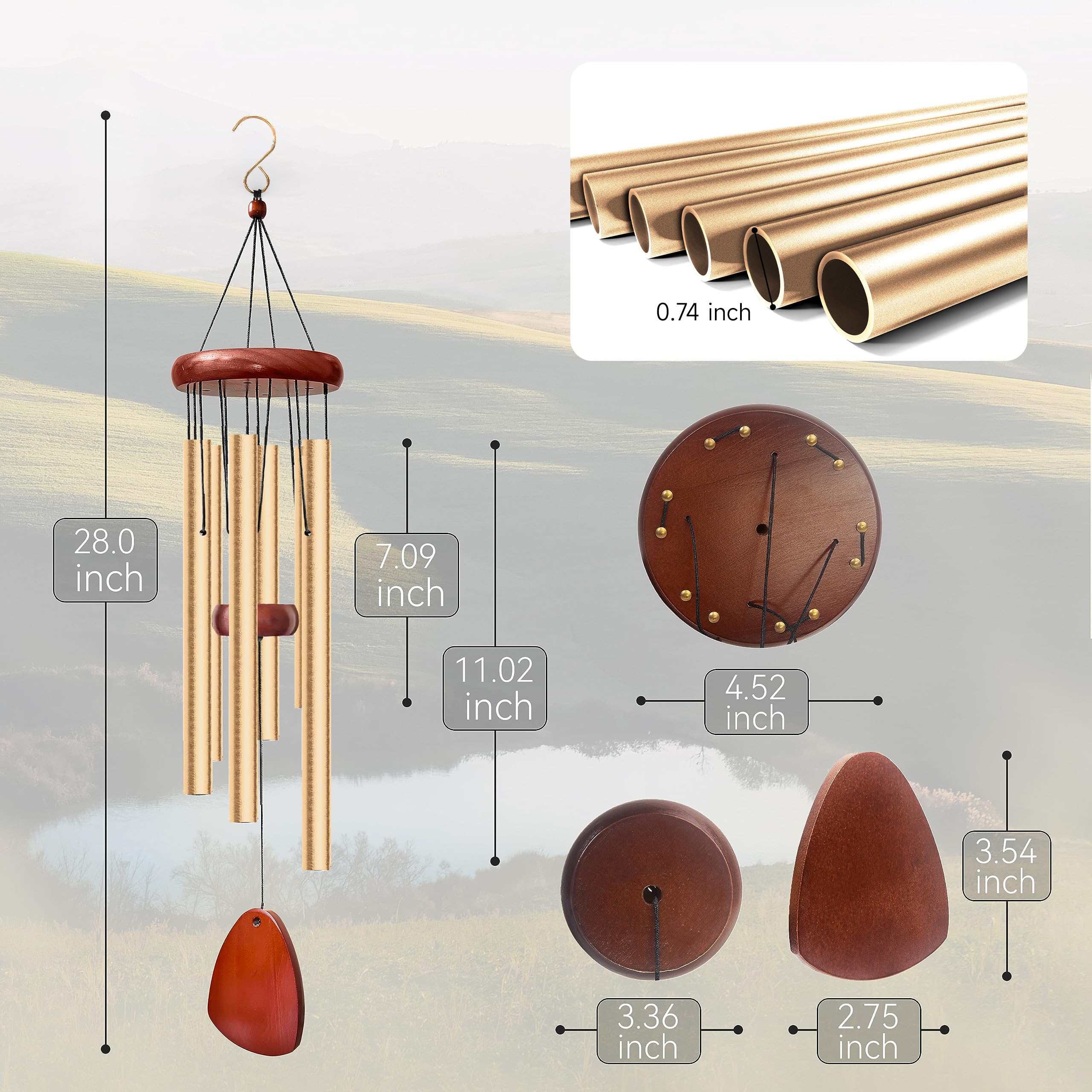 Campanas De Viento De 28 Pulgadas Litu – Sonido Profundo Con 6 Tubos De Aluminio, Decoración Relajante Para Patio, Jardín O Terraza