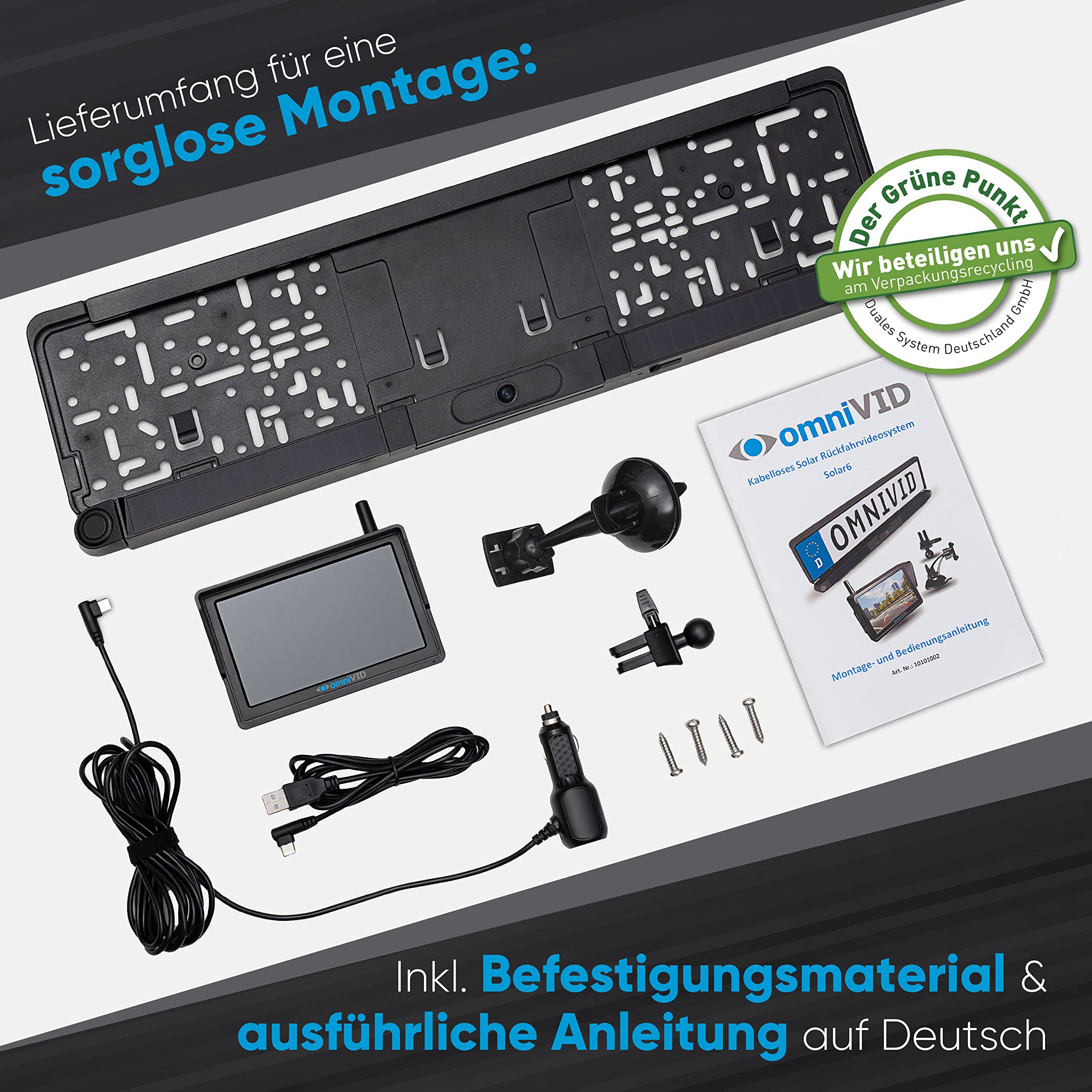 omniVID® Solar6 Premium Solar 5 Zoll Rückfahrkamera-System mit Parksensoren, Kabellos mit 5 Zoll Monitor u. solarbetriebender Kamera zum Nachrüsten mit PDC, Montage ohne Bohren, IP67 wasserdicht | Kabellos mit solarbetriebener Kamera und PDC, ohne Bohren