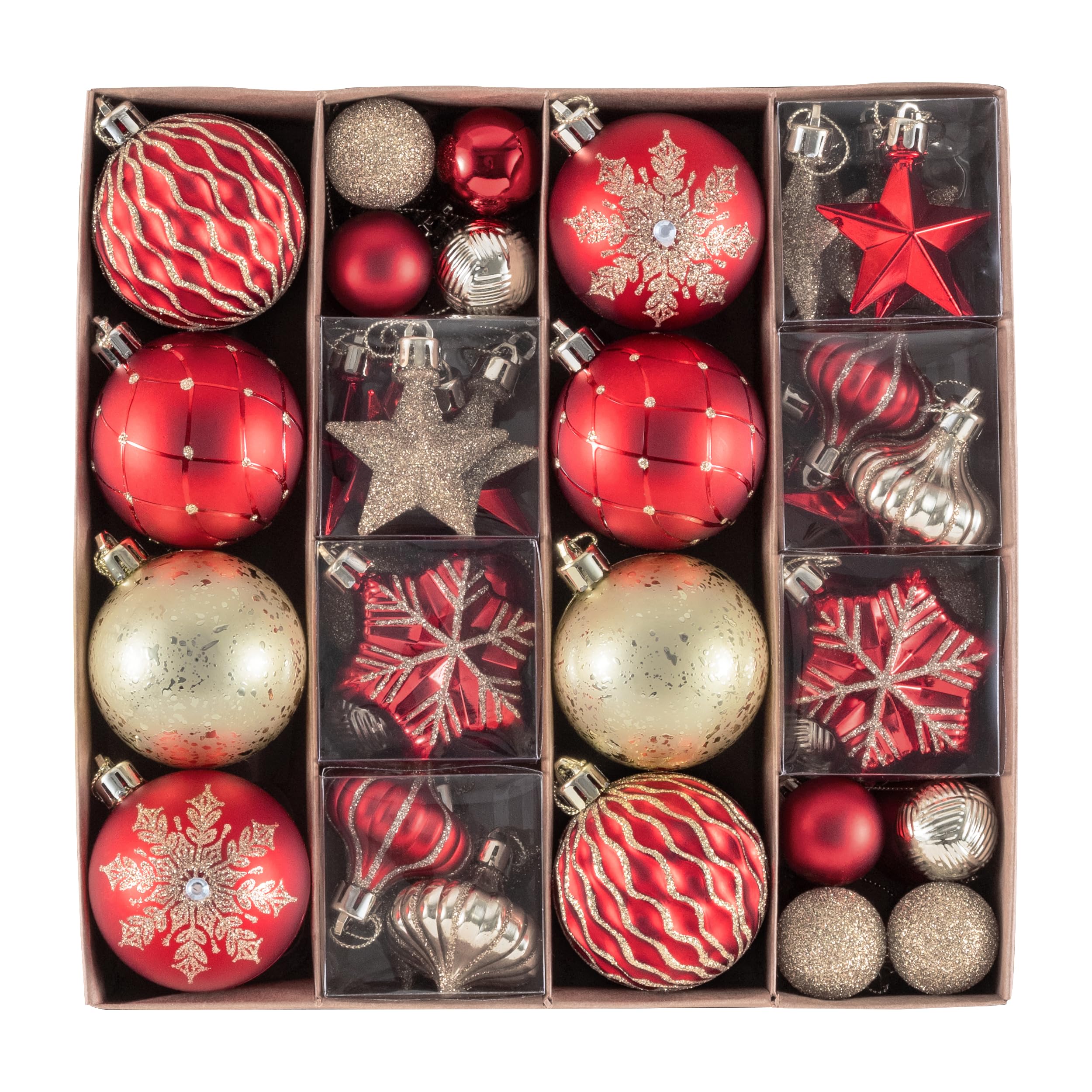 Valery Madelyn Lot de 60 boules de Noël en plastique - Décoration de Noël avec crochet de suspension - Brillantes, scintillantes et mates - Thème rouge doré (M)
