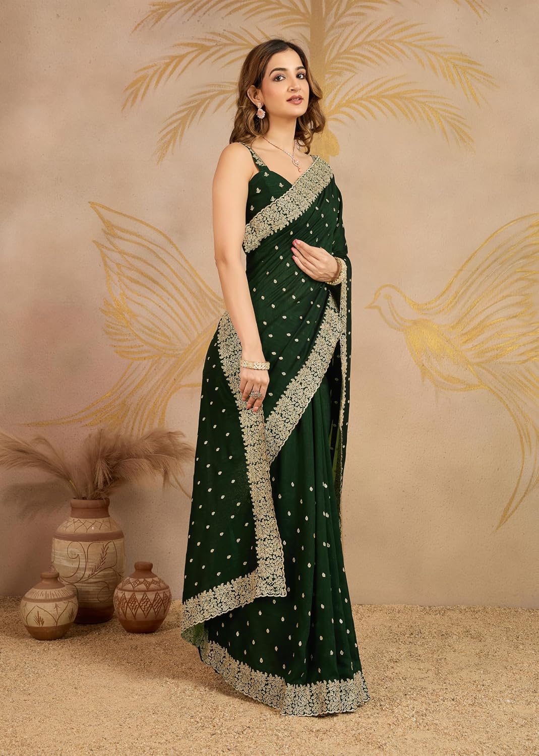TRENDMALLS Women's Art Silk Embroidery work Saree with Unstitched Blouse Piece (K1216-DarkGreen)