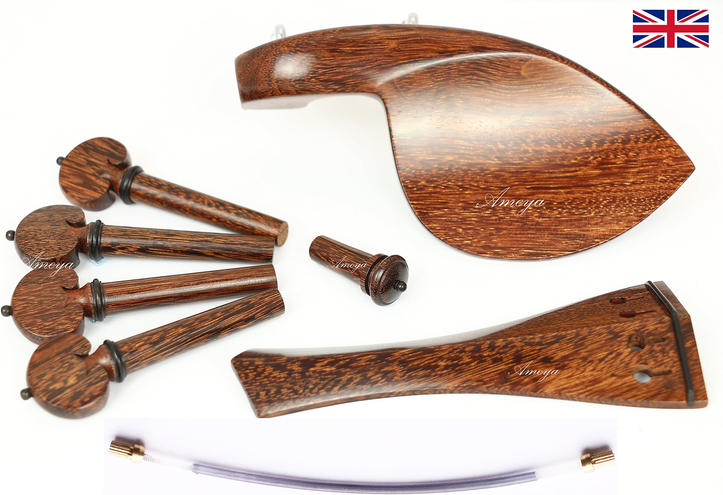 Violin Fittings Set - Tamarind Wood - Strad Chinrest, Hill Tailpiece, Heart Pegs, Endpin, 4/4