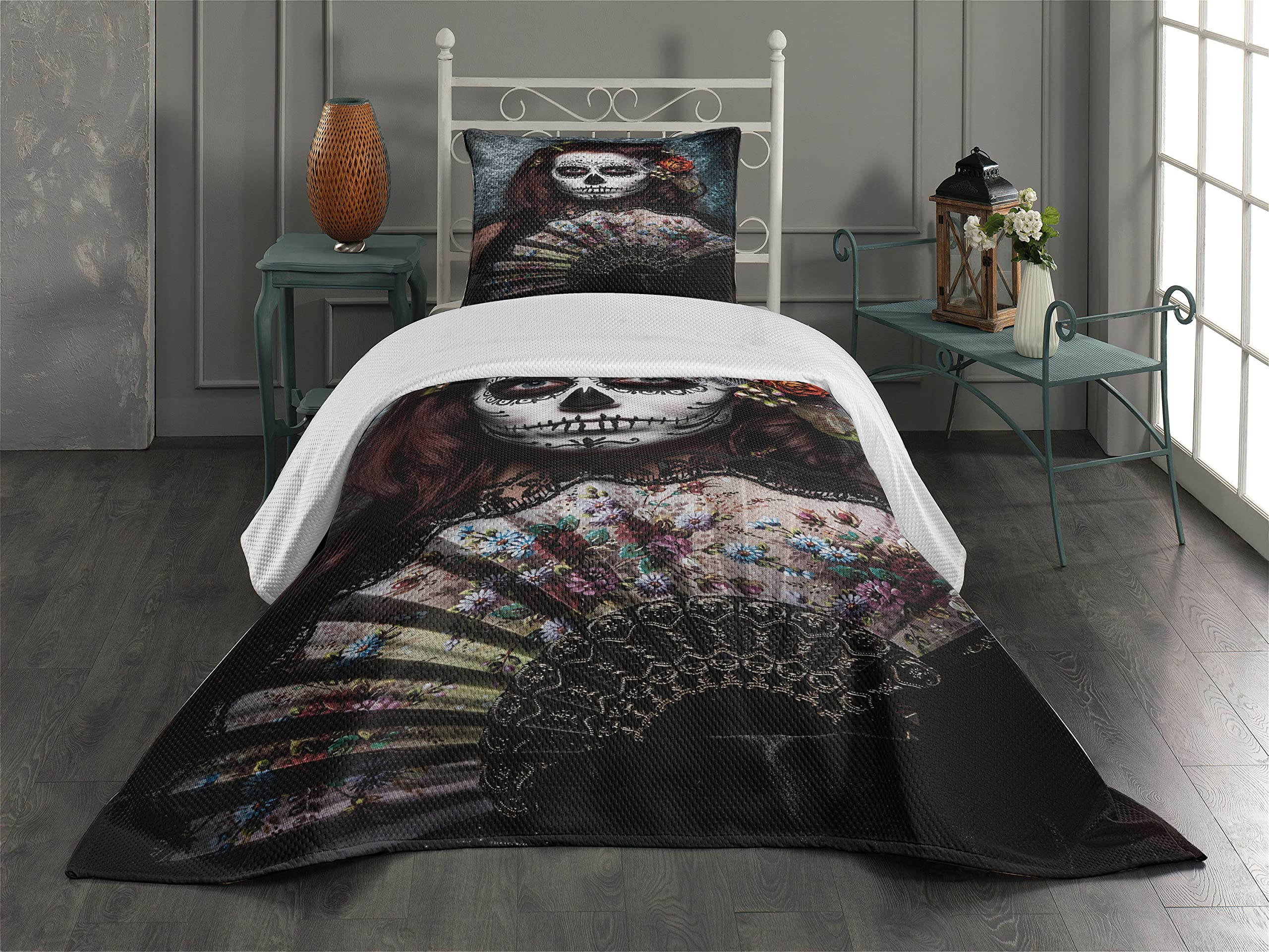 Ambesonne Day of The Dead Coverlet, Make up Artist Girl Skull Scary Roses Artwork Print, 2 Piece Decorative Quilted Bedspread Set with 1 Pillow Sham, Twin Size, Cadet Blue Maroon