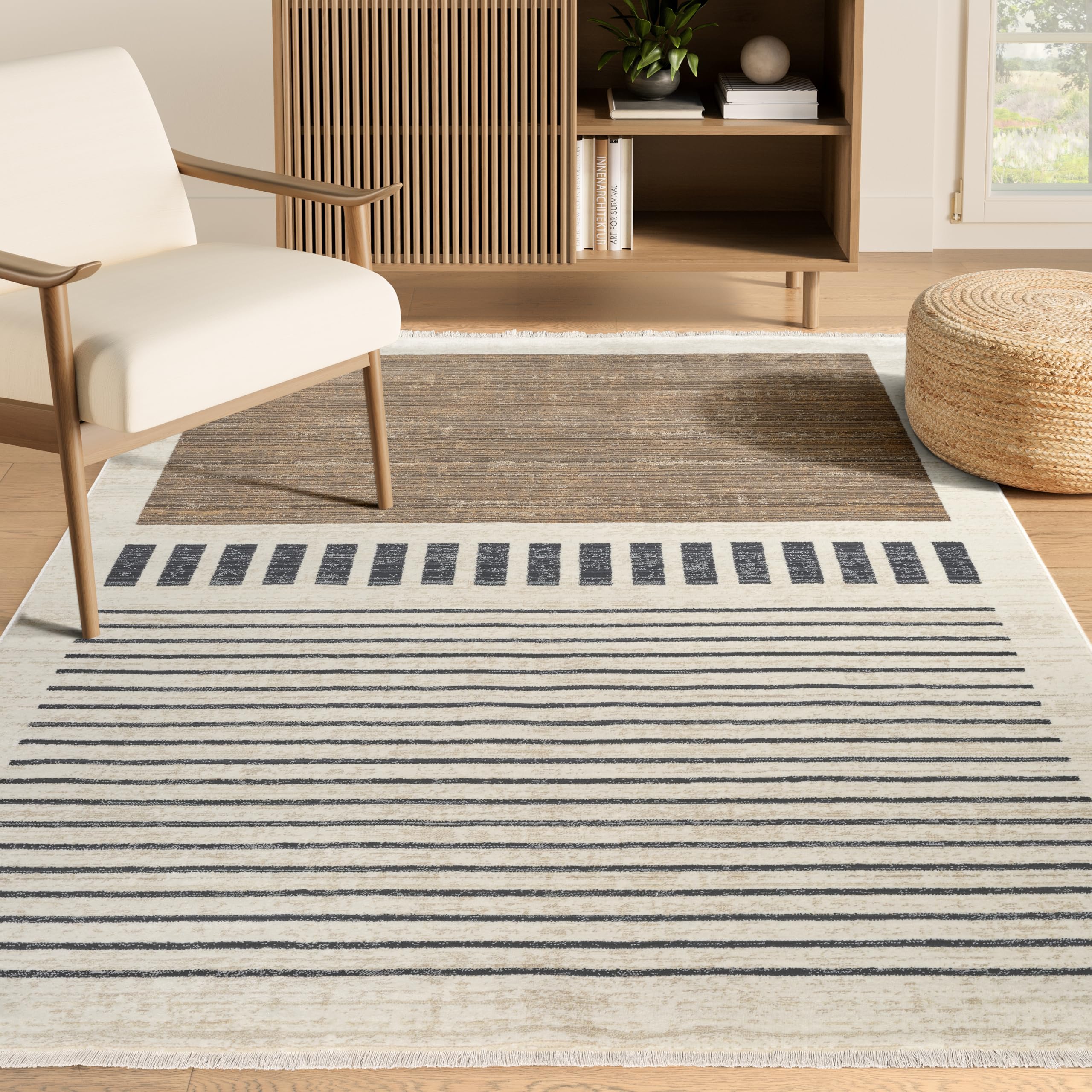 Abani Austin Collection Beige Area Rug - 6' x 9' - Stripe Block Pattern, Non-Shedding - Easy to Clean, Durable for Living Rooms, Bedrooms & Offices,