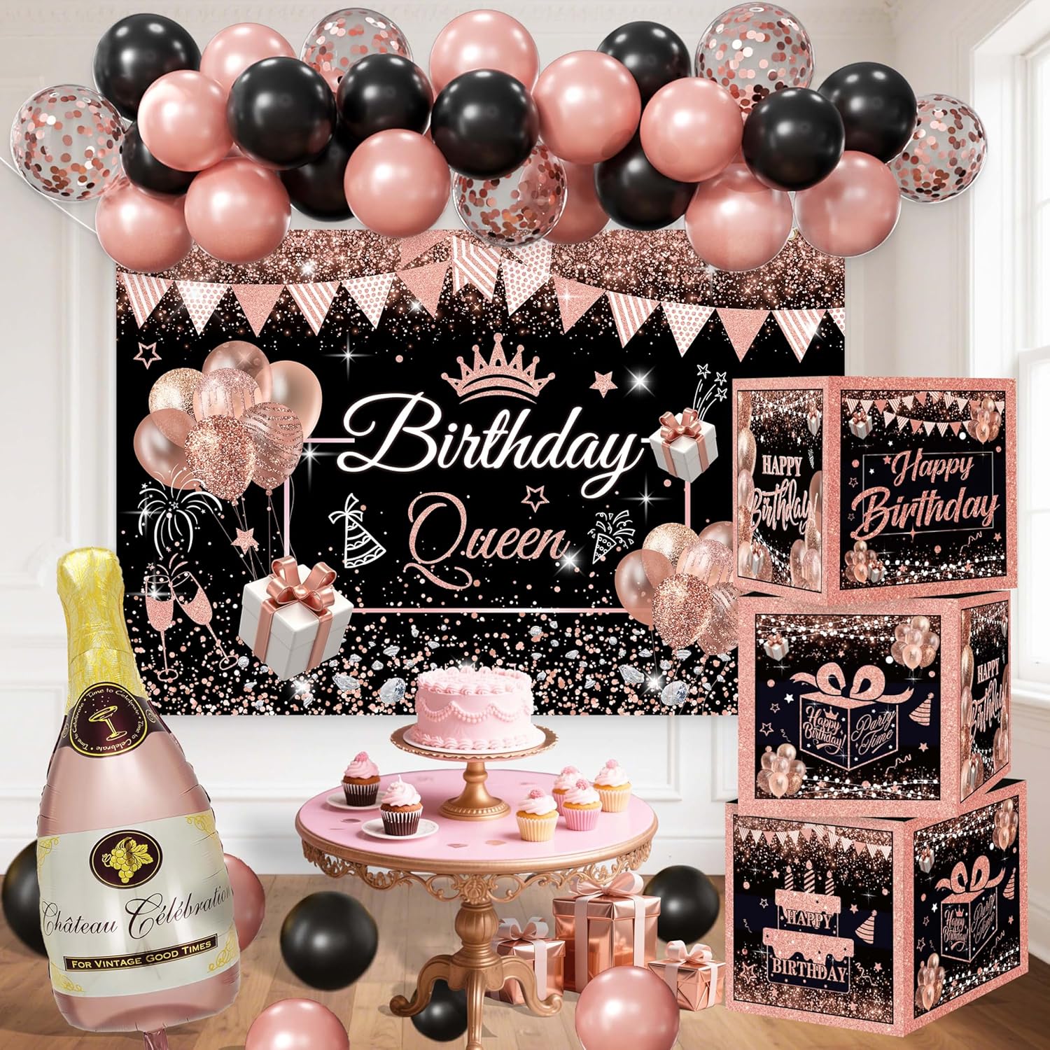 Happy Birthday Party Decorations for Women,Black PInk Balloons,Birthday Box Decor,Backdrop,Beers Foil Balloon