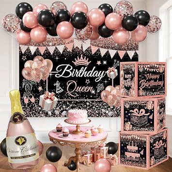 Happy Birthday Party Decorations for Women,Black PInk Balloons,Birthday Box Decor,Backdrop,Beers Foil Balloon