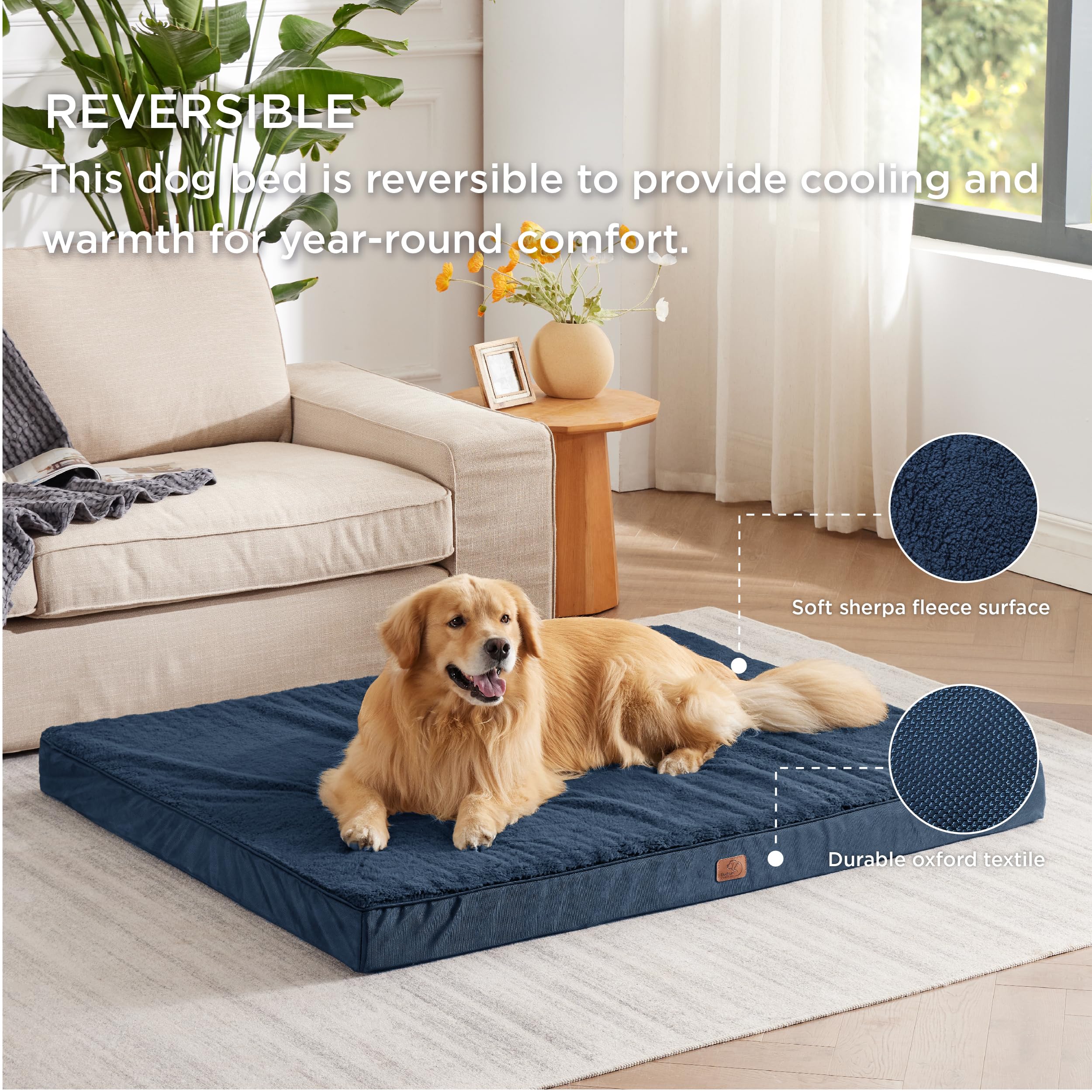 Bedsure Cuscino per Cani Gande - Materasso per Cani Extra Grande Cuscino per Cani Interno Rimovibile Lavabile 137x111.5x10 cm, Blu Navy
