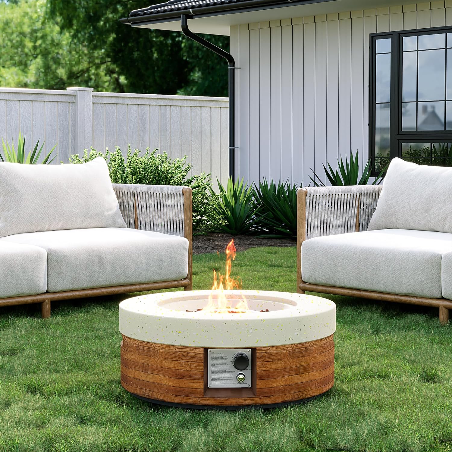 28inch Round Propane Fire Pit Table–Portable Natural Wood Finish,Auto-Ignition,50,000 BTU,Includes Lava Rocks & Waterproof Cover–Ideal for Balcony & Small Patios