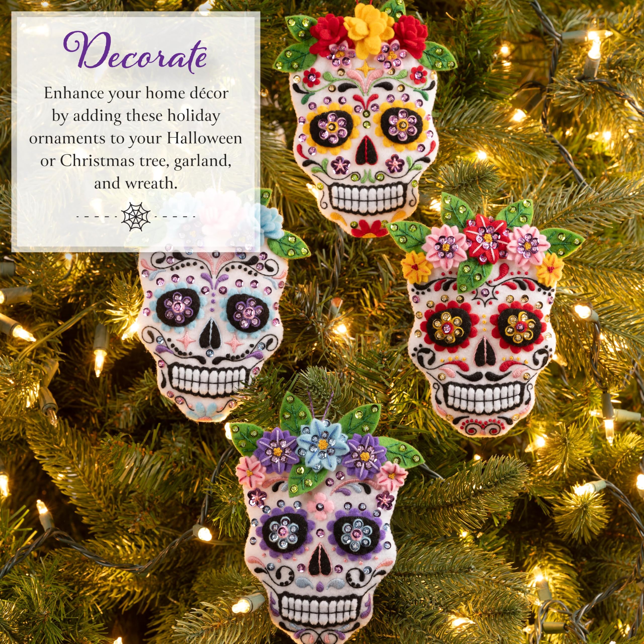 Bucilla, Floral Sugar Skulls, Felt Applique 4 Piece Ornament Making Kit, Perfect for DIY Arts and Crafts, 89726E