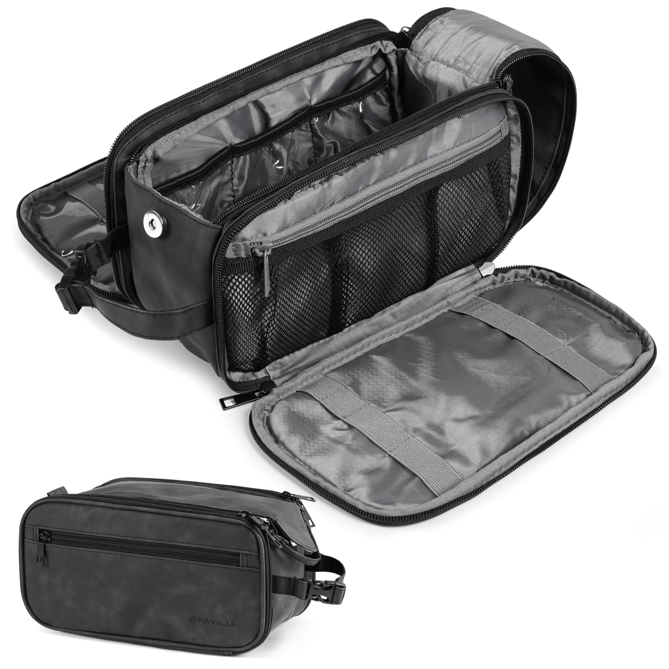 PAVILIA Large Toiletry Bag for Men Women, Mens Travel Bag Toiletries Organizer Case for Grooming, Travel Essentials Shaving Dopp Kit, PU Leather Water