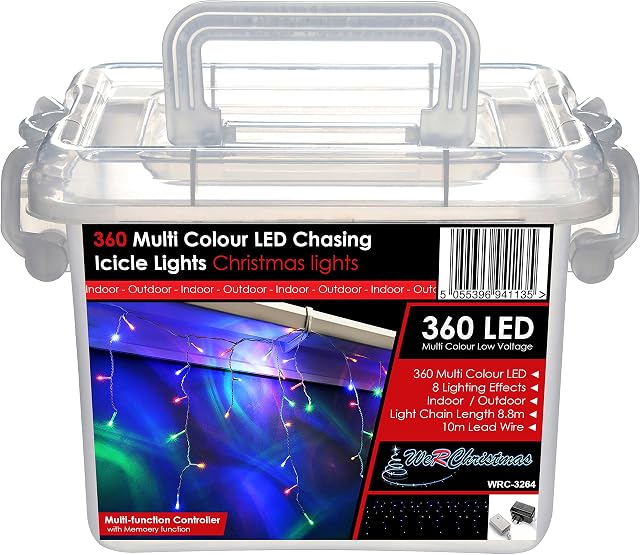 WeRChristmas Snowing Icicle Christmas Lights String with 360-LED Chasing/Static Settings with 19 m Cable - Multi-Colour
