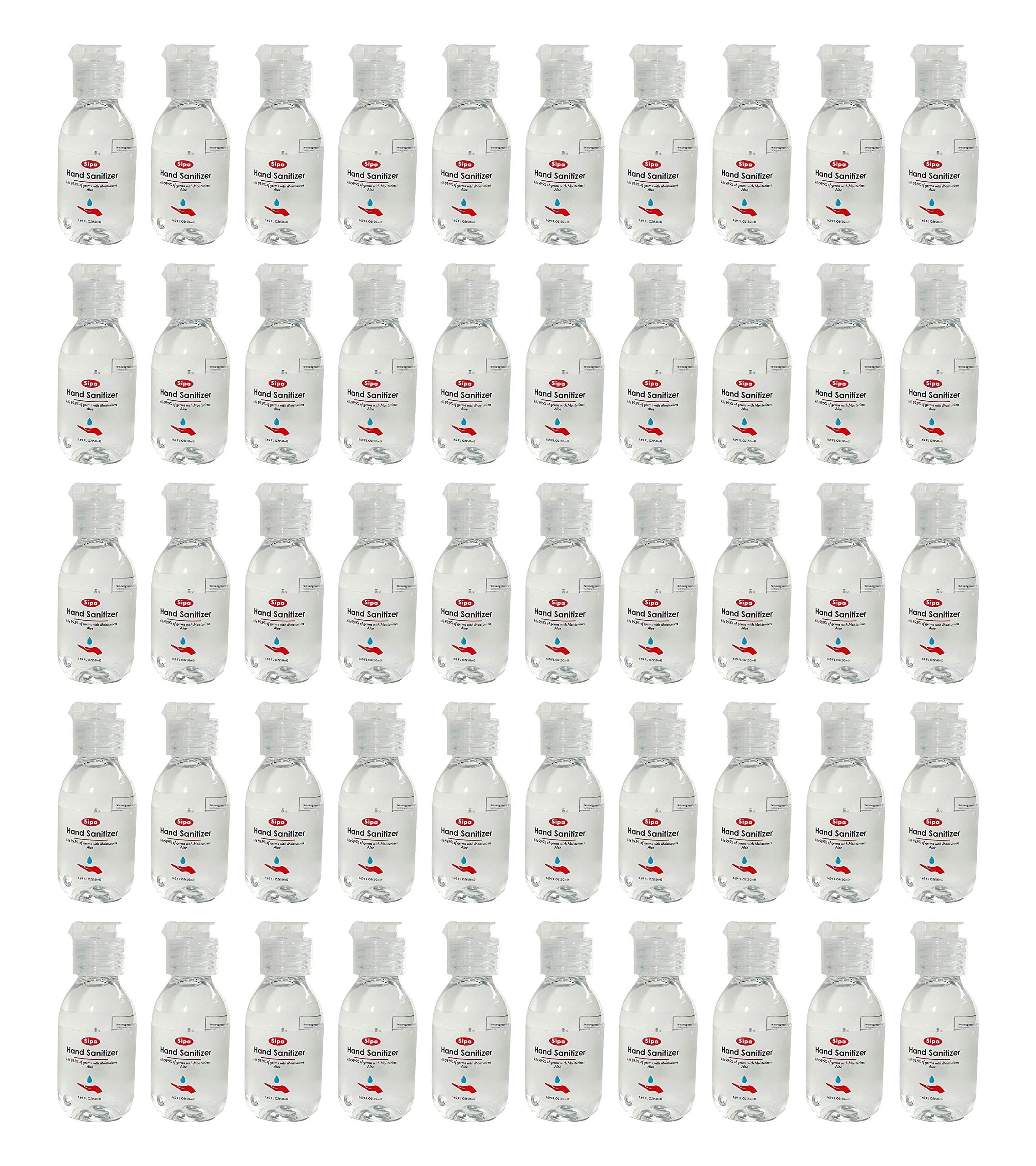 SIPA Hand Sanitizer 1.69 oz/ 50 ml, Jasmine Scent, Travel Size, Flip Cap Bottle each, Refreshing Soothing Gel with Aloe, and Vitamin E (Pack of 50)