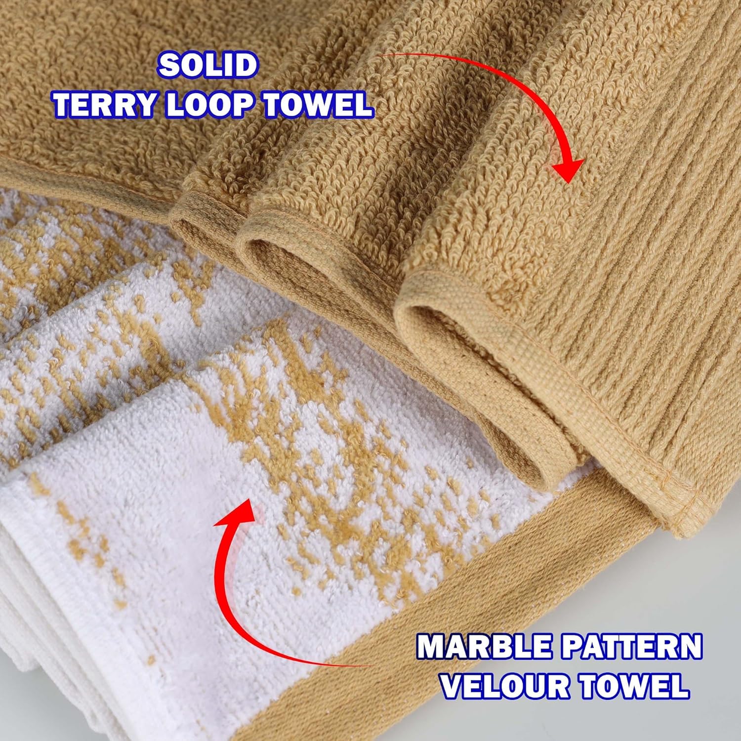 BNM Cotton Marble and Solid Towel Set, Includes 12 Face Towels, Washcloths, Small Towels, Daily Use, Soft, Highly Absorbent, Decorative Bathroom Accessories, Modern Kitchen, Home Essentials, Brown