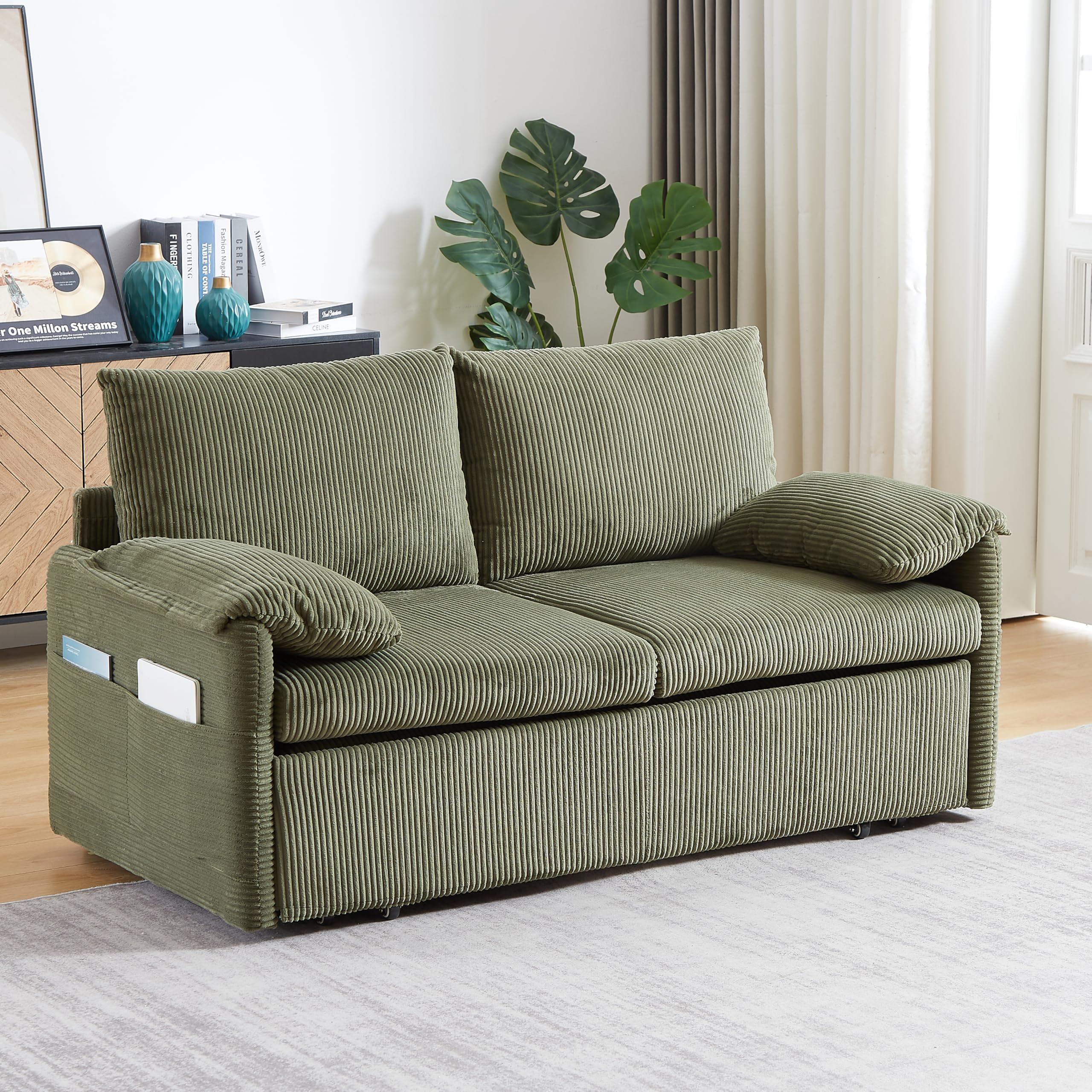 Photo 1 of Eafurn 3 in 1 Convertible Pull Out Sleeper Sofa Couch Bed Queen Size, Corduroy Pullout Lounge Loveseat RV Sofa&Couches Sofabed with Soft Pillows Armrest,Side Pockers for Living Room Apartment