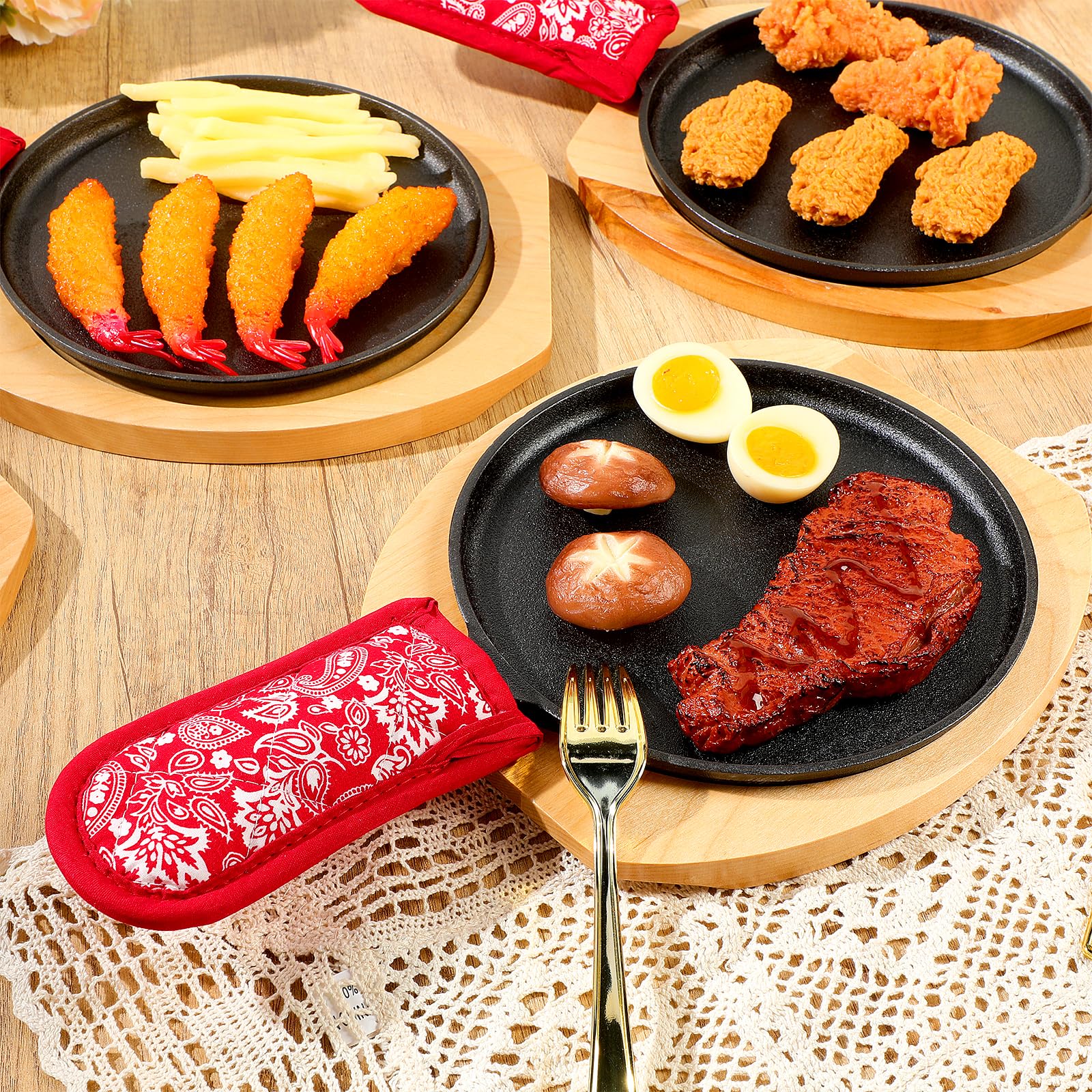 Mimorou Fajita-Teller-Set Aus Gusseisen – 4-teilig, Mit Holzboden & Griff, 24 Cm, Perfekt Für Steak & Grill
