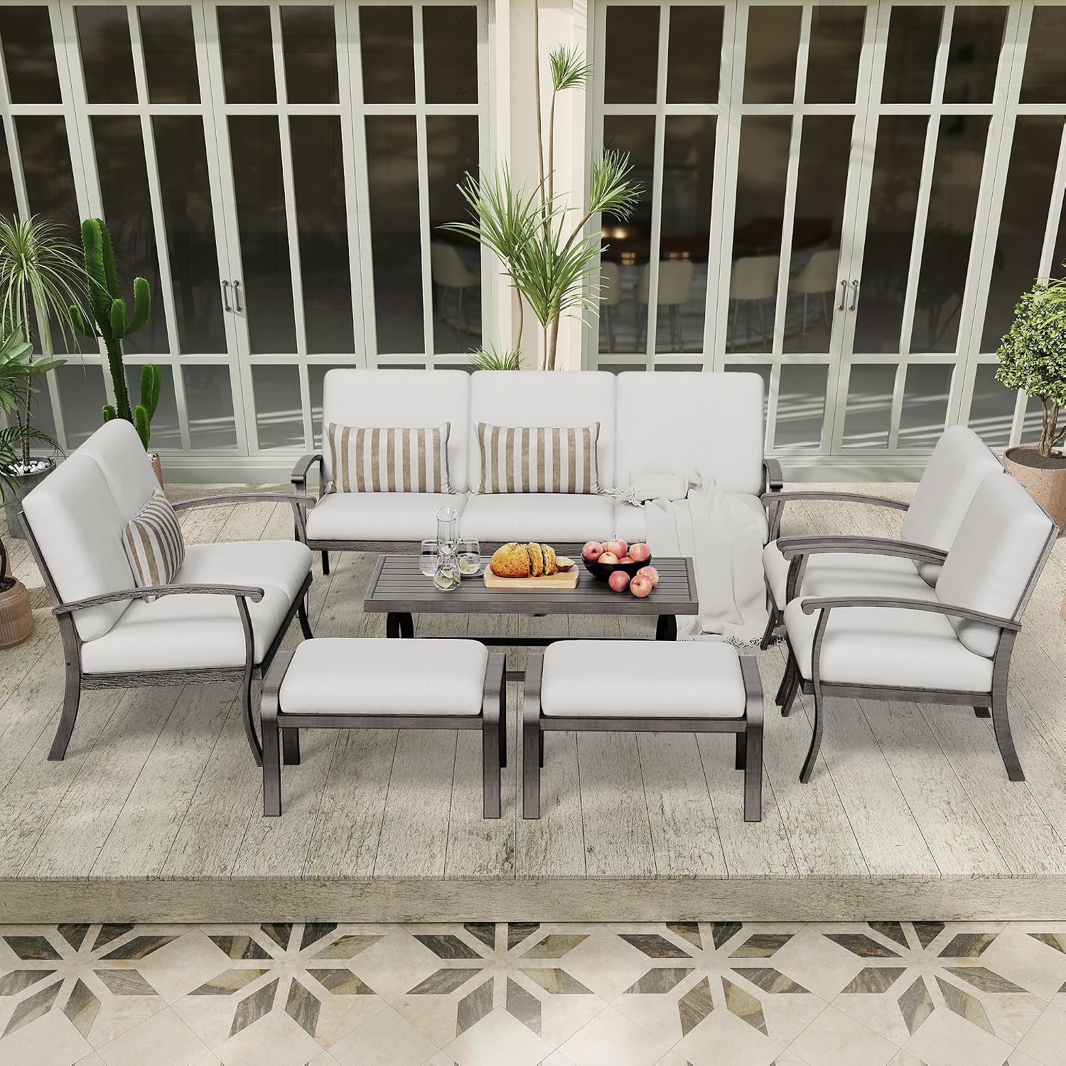 Aluminum Patio Furniture Set 7 PCS, Sectional Loveseat 3 Seat Sofa Couch and Armchairs with Cushion and Ottomans, Outdoor Conversation Set with Coffee Table for Pool Yard Deck, Grey