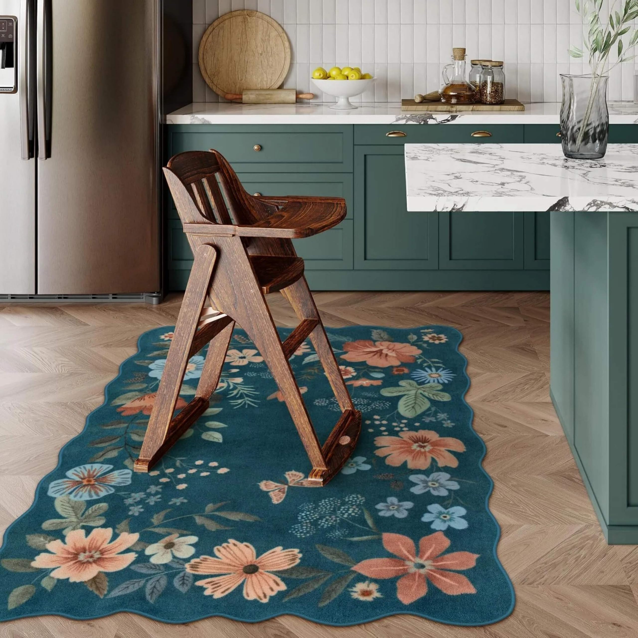 SOJAWA Dark Blue Area Rugs, 60x90cm,Washable Bedroom Boho Rug Floral Non Slip Soft,Washable Rug Easy to Clean for Nursery Dorm Kids Room Playroom Girls Room