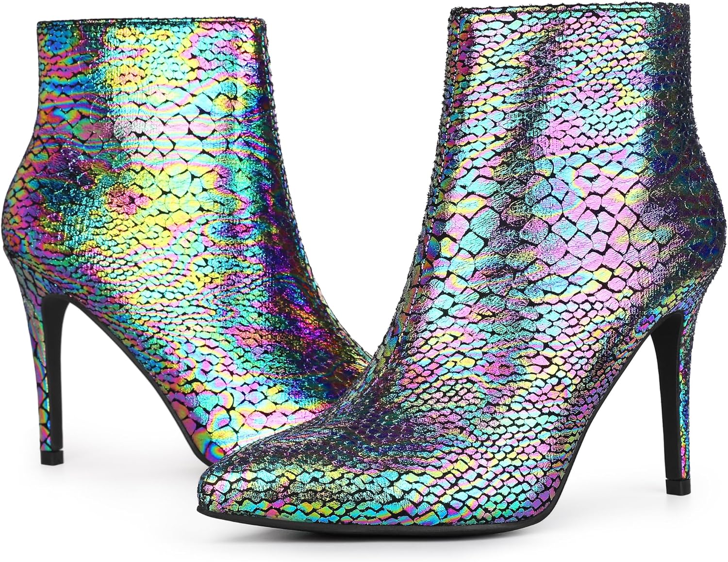 Perphy Snakeskin Printed Metallic Boots Pointed Toe Stiletto Heel Ankle Boots for Women