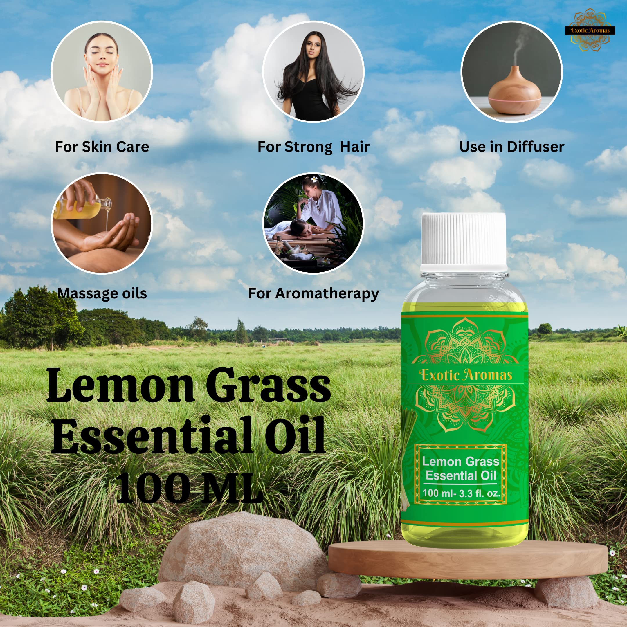 Exotic Aromas Lemongrass Essential Oil for Aroma Therapy, Stress Relief, Hair, Skin & Sleep, 100 M - Image 2 thumbnail