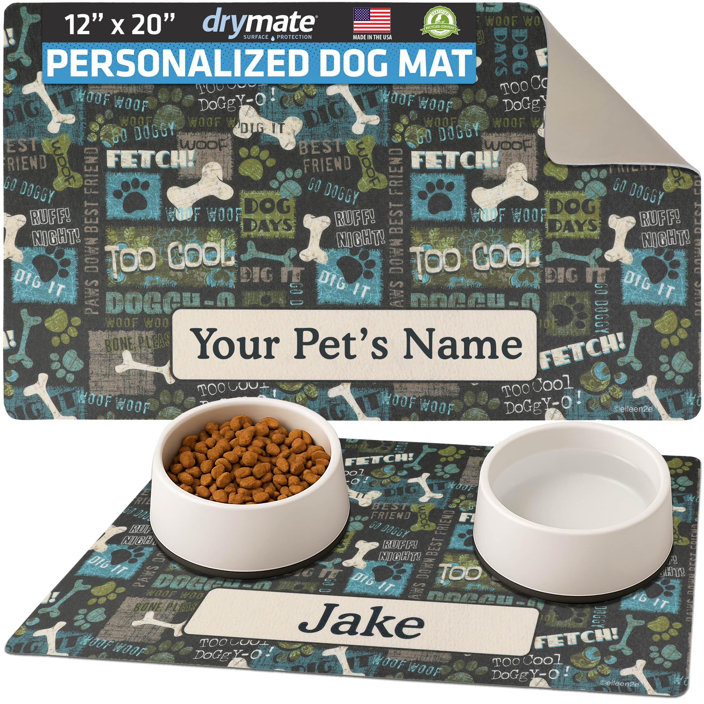 Drymate Personalized Pet Bowl Placemat, Custom Dog & Cat Food Feeding Mat - Absorbent Fabric, Waterproof Backing - Machine Washable/Durable (USA Made)