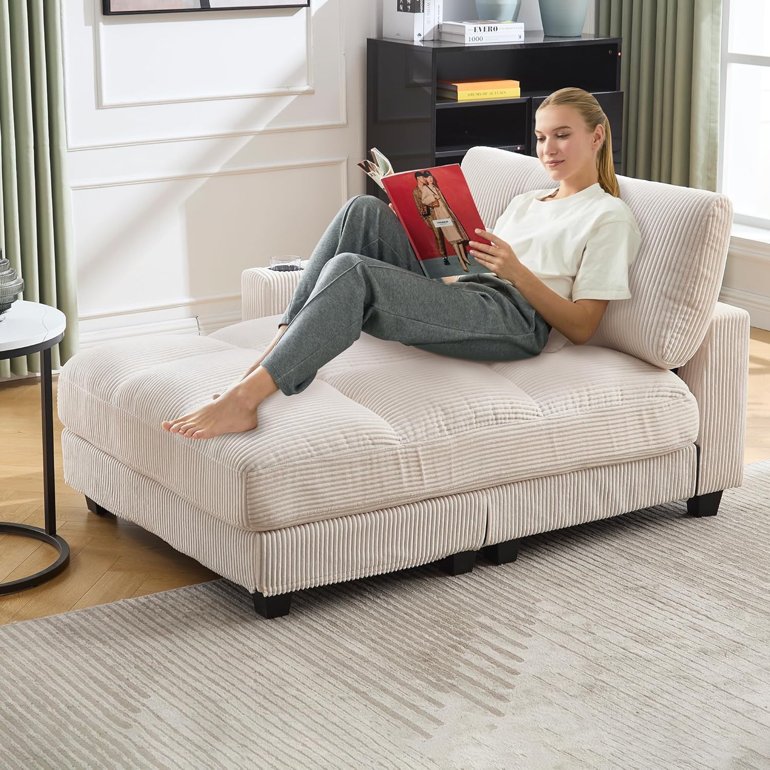55" Oversized Corduroy Chaise Lounge Chair Indoor with Reversible Armrest, Quilting Recliner Sofa with USB Ports, Modern Lounge Couch with Thicken Cushion & Cup Holder for Living Room Playroom, Beige