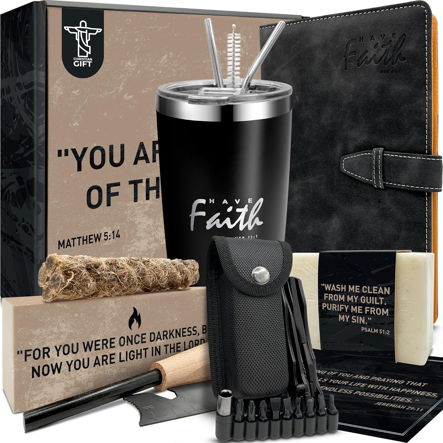 DEHITE Christian Gifts for Men - Religious Basket Inspirational Present - Insulated Tumbler - Notebook - Multitool Pocket Knife - Christmas Gift Birthday Box for Father