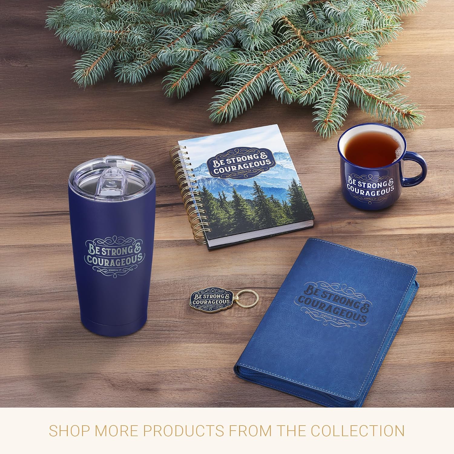 Christian Art Gifts Large Insulated Stainless Steel Travel Mug Tumbler for Men & Women: Strong & Courageous Uplifting Scripture, Double Wall Vacuum Sealed, Retractable Lid, Navy Blue & Silver, 18 oz.