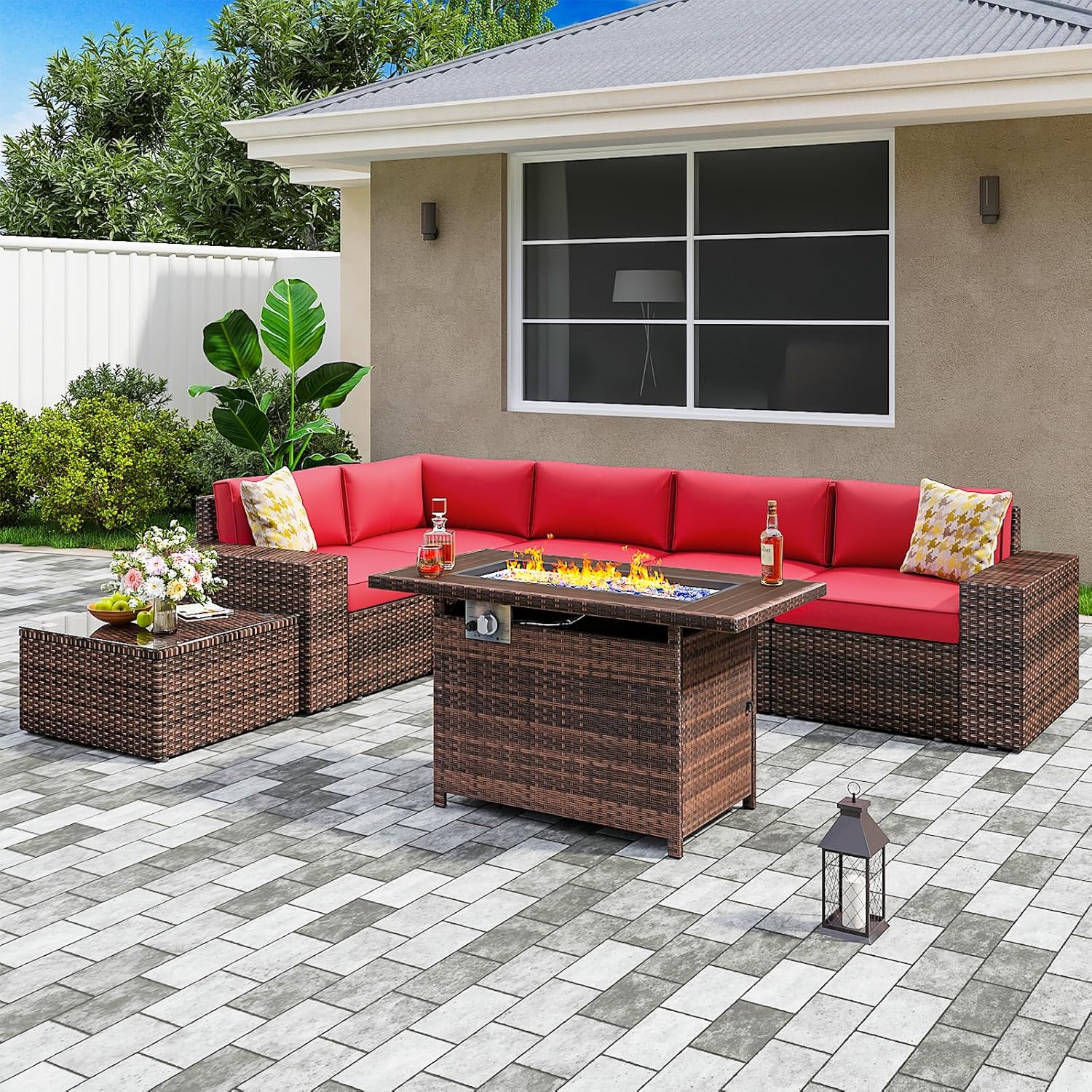 7 Pieces Patio Furniture Set with 44”Fire Pit Table Outdoor Wicker Rattan Conversation Set Include Sofa Cover Patio Sectional Sofa Set for Garden, Backyard, Deck (Red)