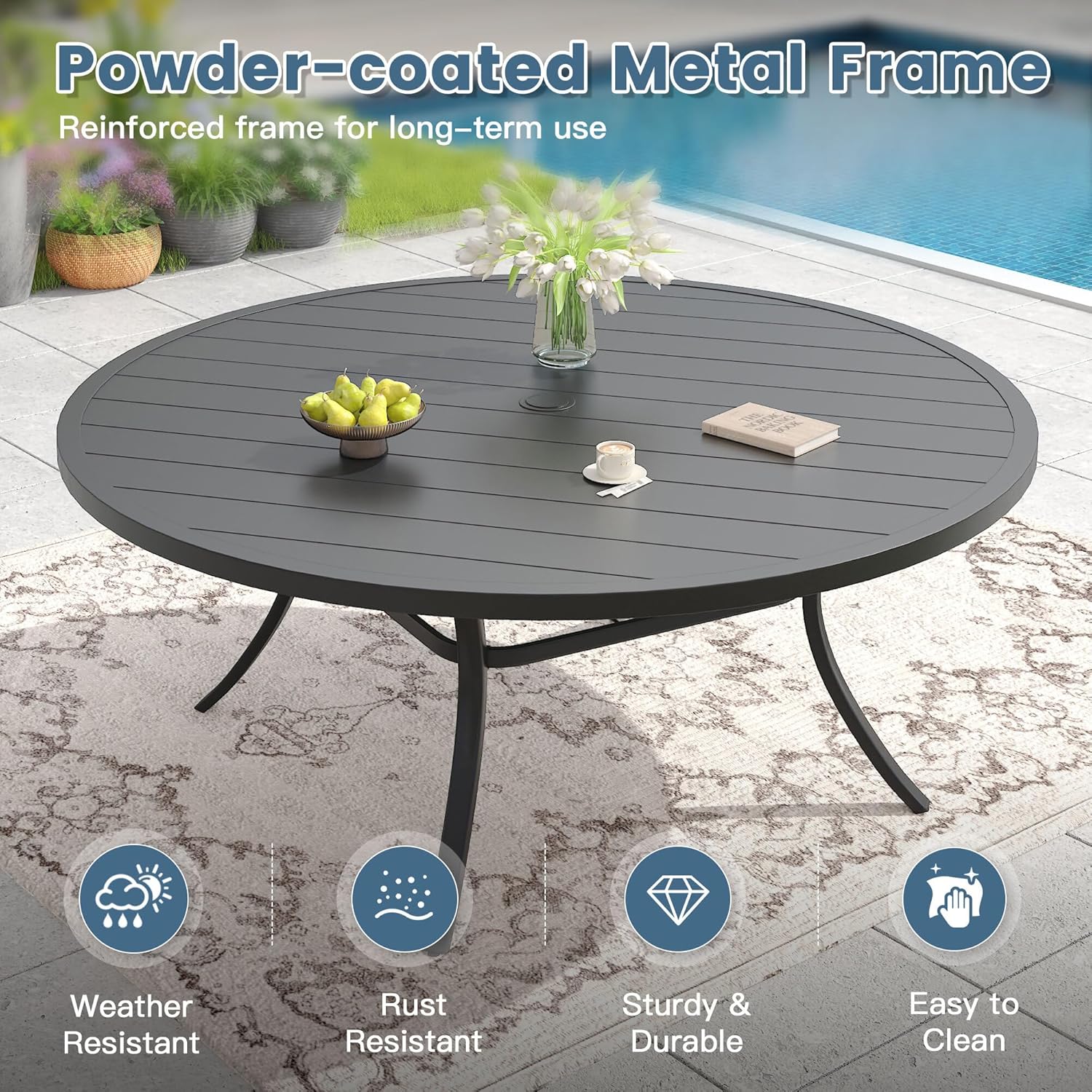 DIFY Patio Dining Set for 10, 11 Piece Outdoor Table and Chairs Set, 63" Black Round Metal Patio Dining Table and Blue Textilene Stackable Patio Chairs, for Backyard Garden Poolside