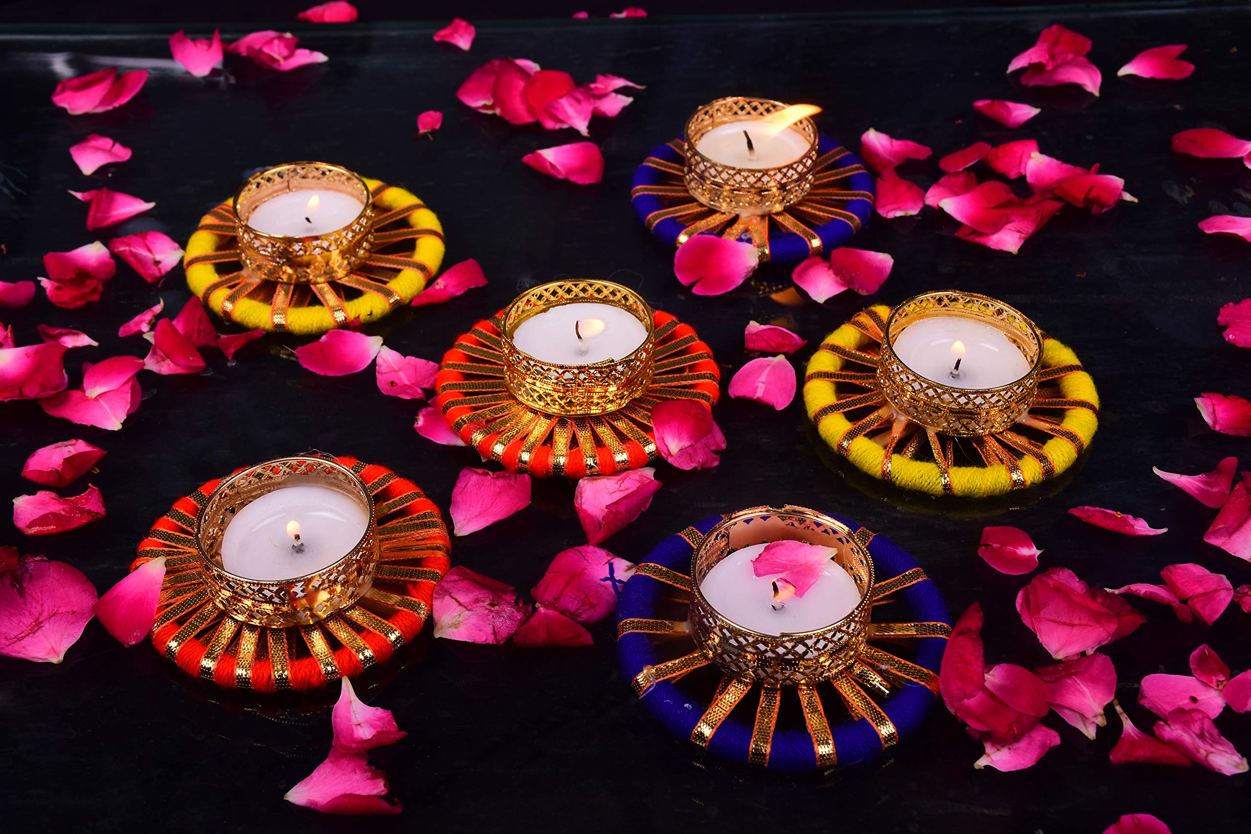 Collectible India Assorted Metallic Diya Tea Light Candles - Gota Patti Mix Colorful Flower Design Tealight Candle Holder - Diwali Decoration Items for Home -(Pack of 6)