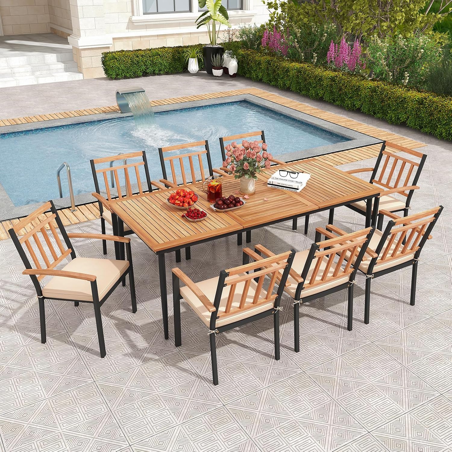 Tangkula 9-Piece Patio Dining Set, 79" Rectangle Dining Tables with 8 Wooden Armchairs, Outdoor Acacia Wood Dining Furniture Set with 1.9" Umbrella Hole for Garden, Porch, Deck