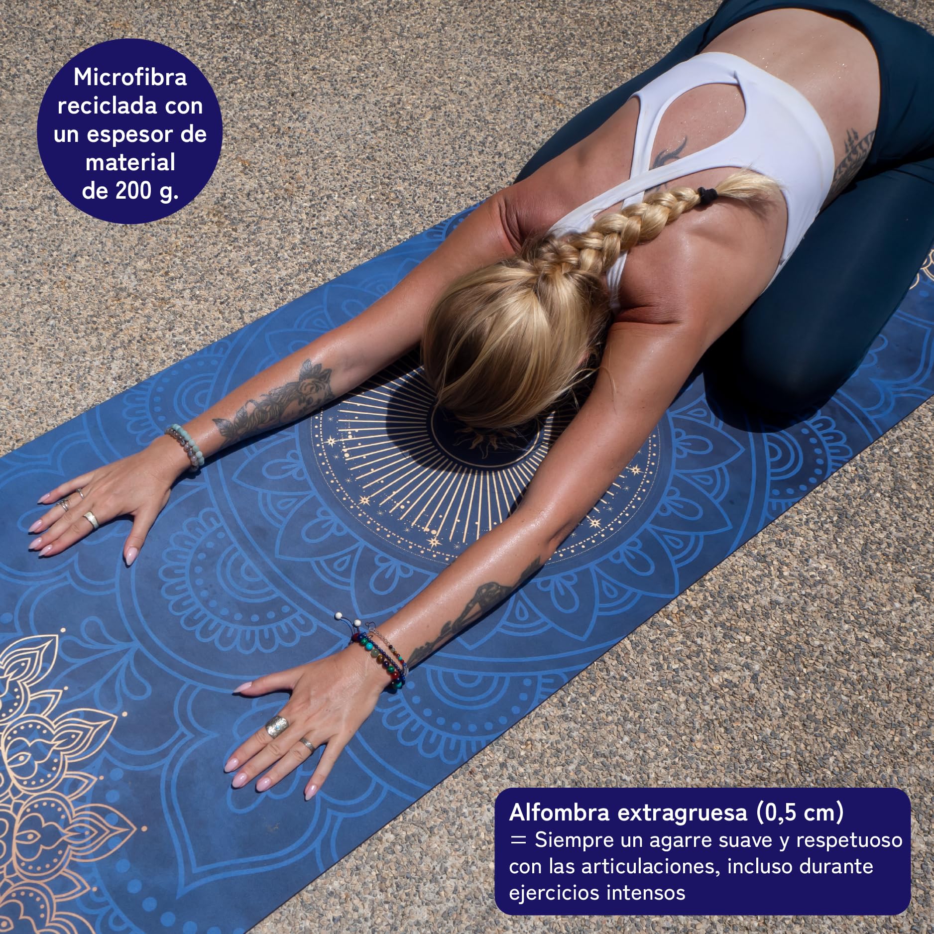 Esterilla de yoga sostenible y antideslizante: caucho natural antideslizante y superficie de microfibra absorbente, extra ancha y gruesa 183 x 68 x 0,5 cm, correa de transporte