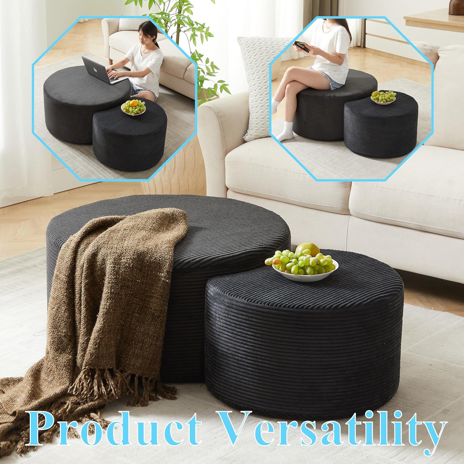 Tea Coffee Table Set of 2 Side Set Circular Round Sponge Tables, Living Room Bedroom Apartment Modern Industrial Simple Nightstand (Black)