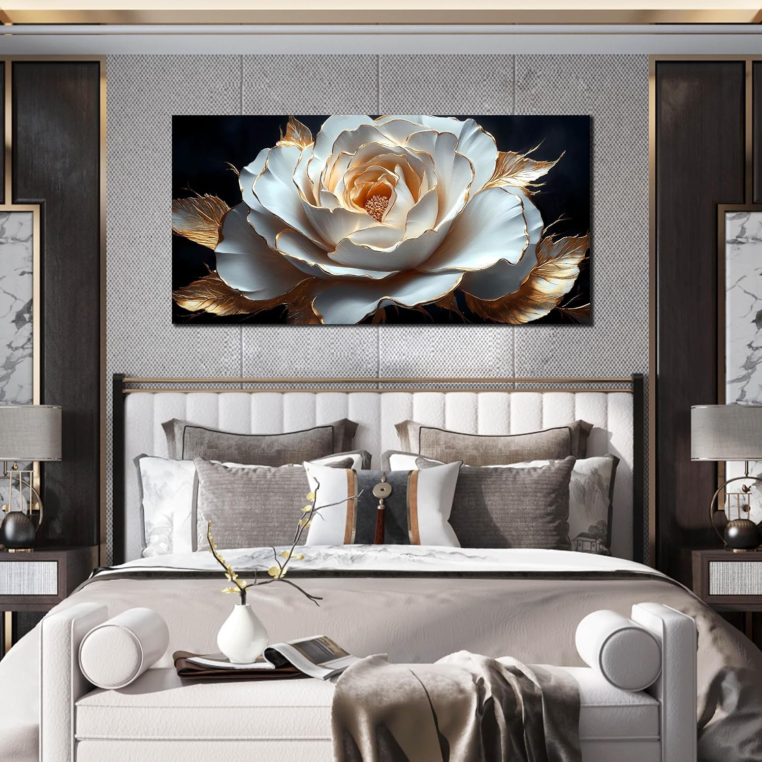 large white flower canvas wall art for living room bedroom home office black and white flower picture modern canvas prints framed wall decor artwork size 24x48 24"l x 48"w white