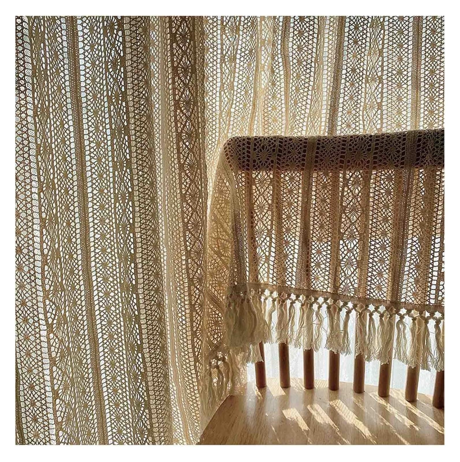 NDLHXKFRP Voile curtains, Shabby Chic Cotton Crochet Lace Pinch Pleat Curtain Valance Beige Multiple Sizes(WxH 250x260cm/98x102in)