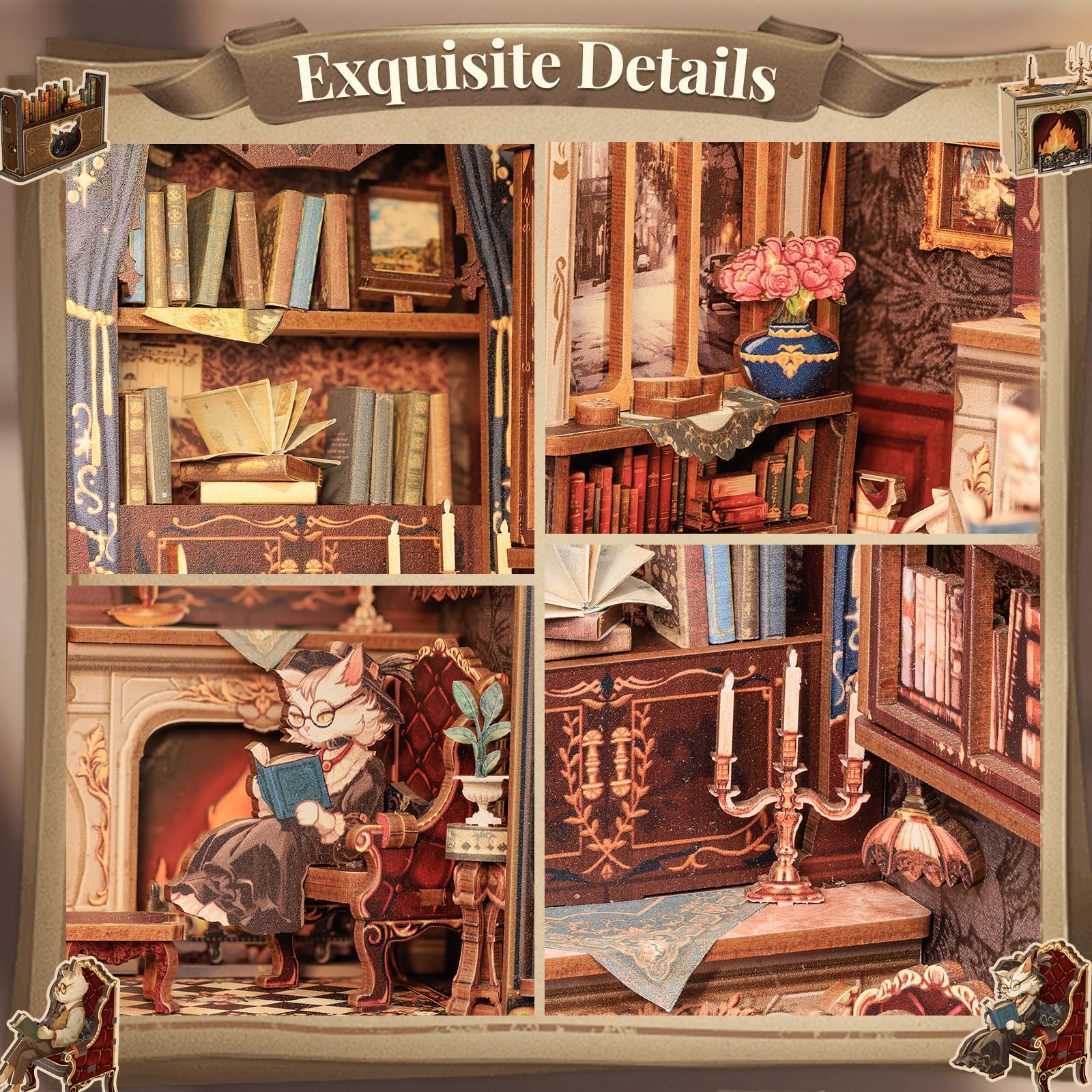 CUTEBEE DIY Book Nook Kit, Miniature House Kits for Adult and Teens DIY Miniature Book Nook kit with Sensor Led Light - Image 4
