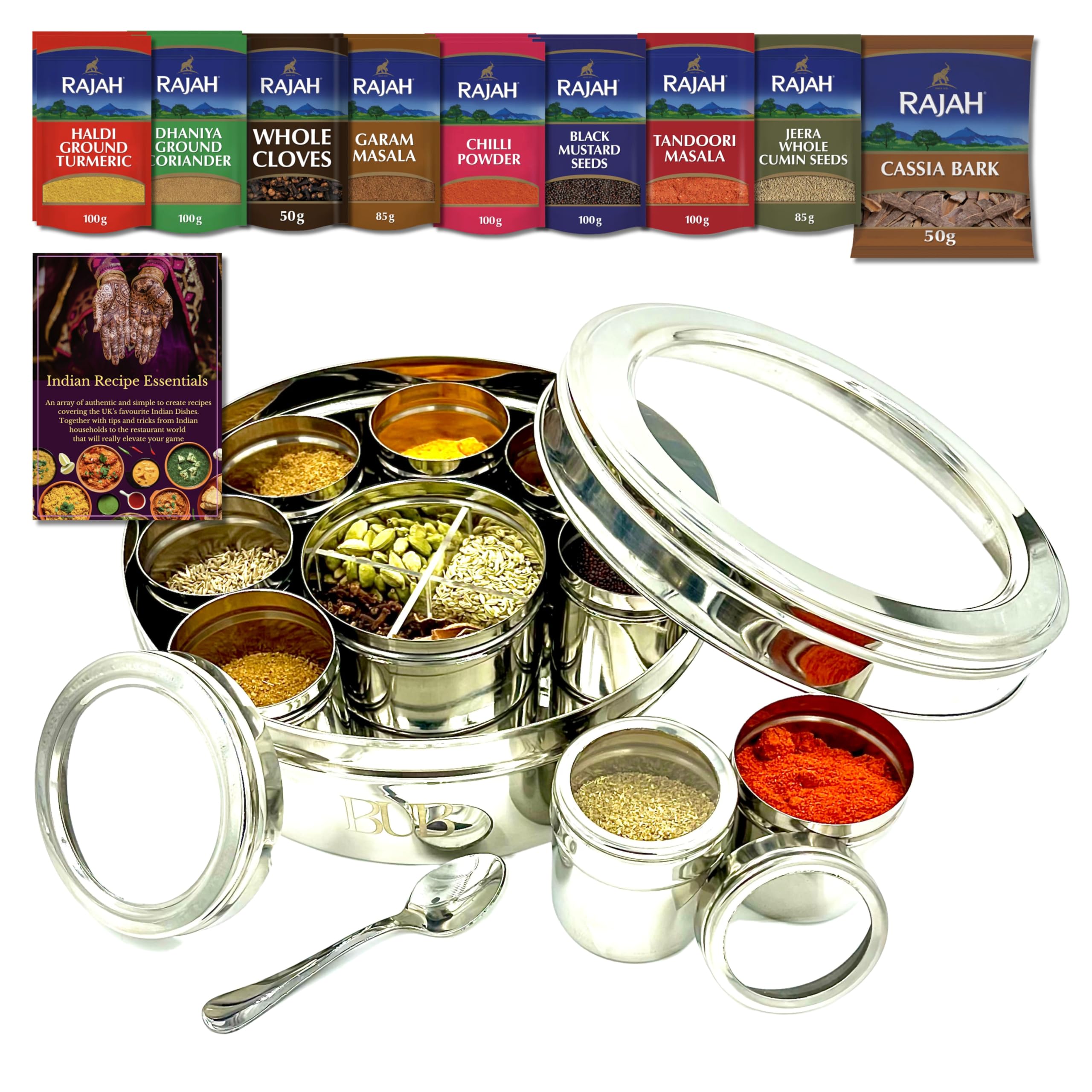 Bub: Large 22cm Premium Spice Tin Masala Dabba Rajah Spices Bundle & Recipe Book | 9 Spice Jars with Individual Lids - Holds 12 spices | Serving Spoon & Clear Acrylic Lids (SPICE TIN 12 & SPICE KIT)