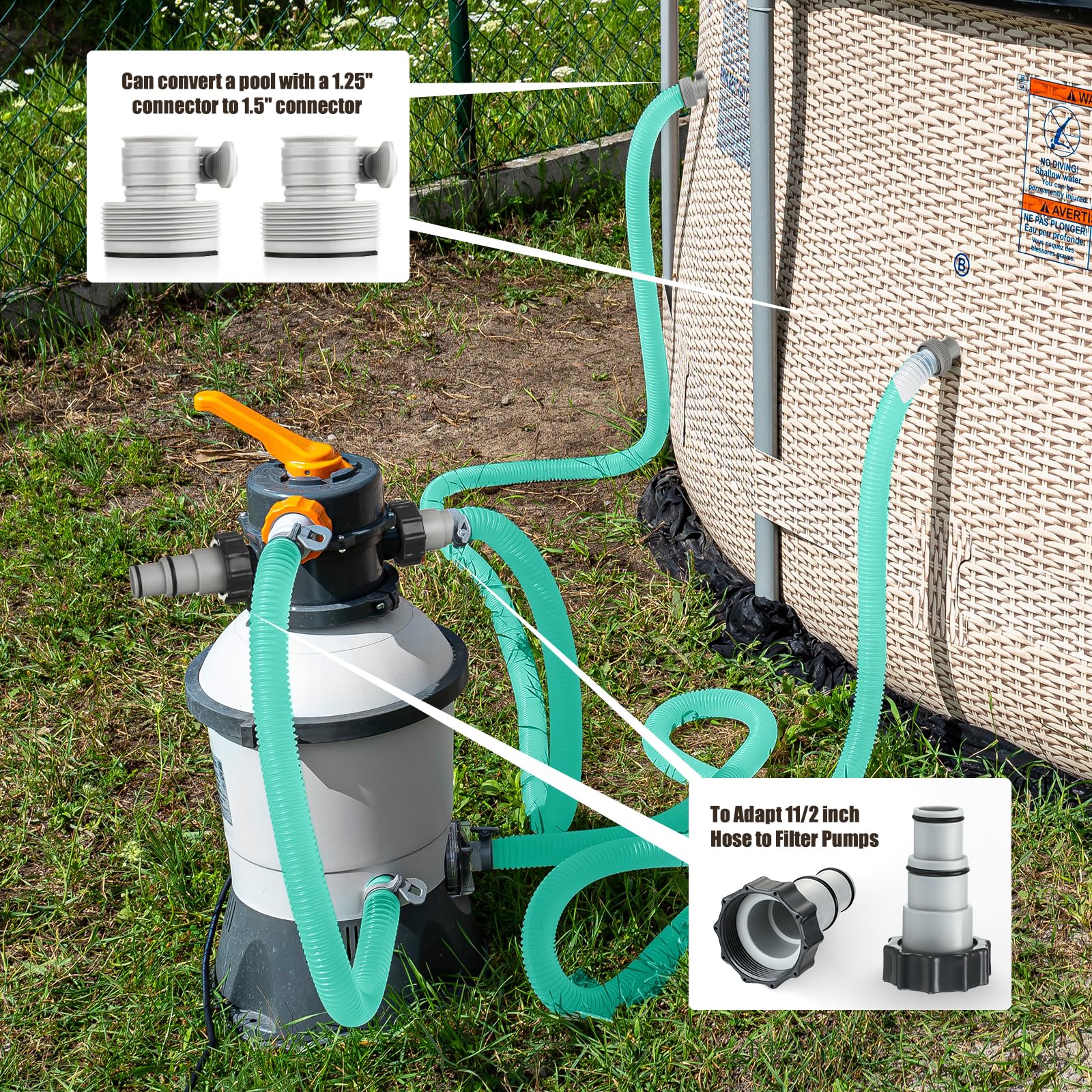 2 mangueras de piscina de 1.5 pulgadas para piscina sobre el suelo, manguera de repuesto de 59 pulgadas de largo, manguera de filtro de manguera de piscina, accesorios de manguera con 2 adaptadores de