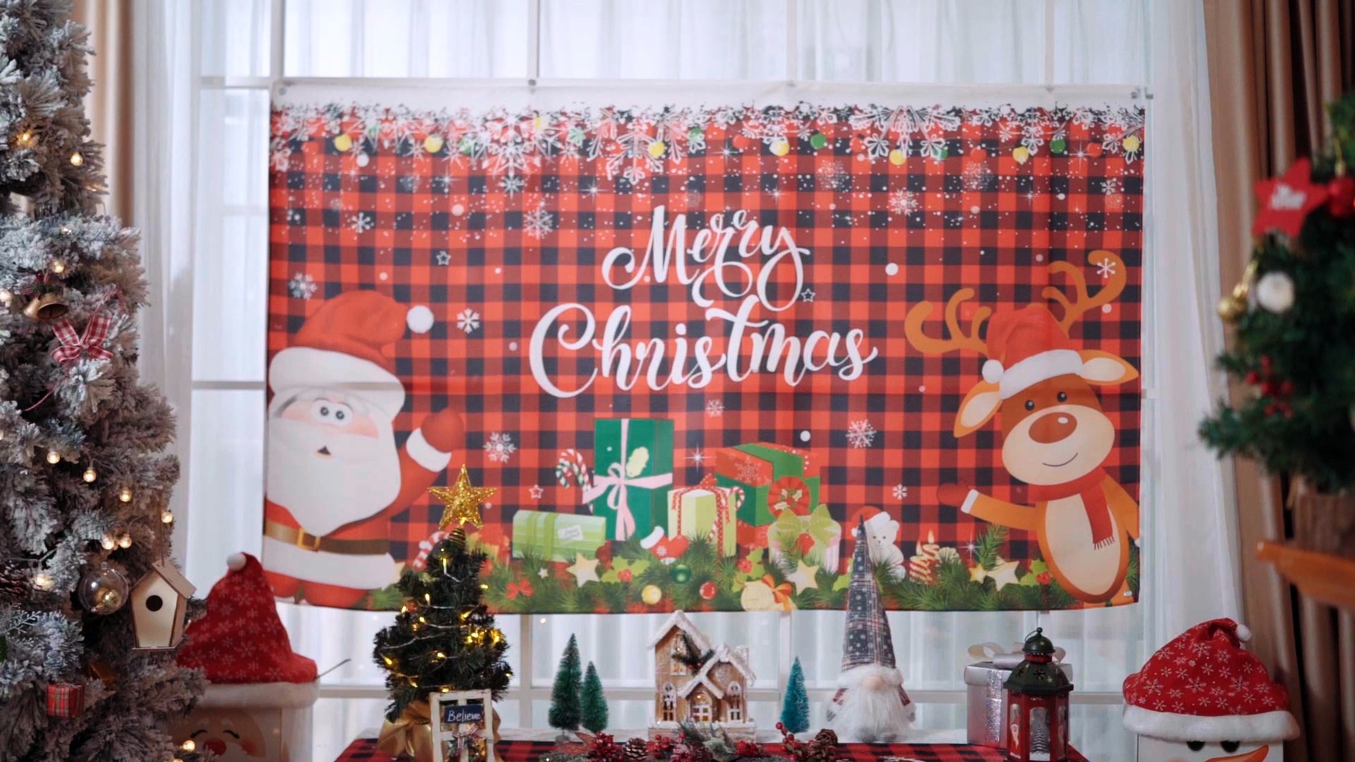 Huge 10x8ft Christmas Photo Backdrop - Ice Castle Santa Scene With Red Curtains & Xmas Trees