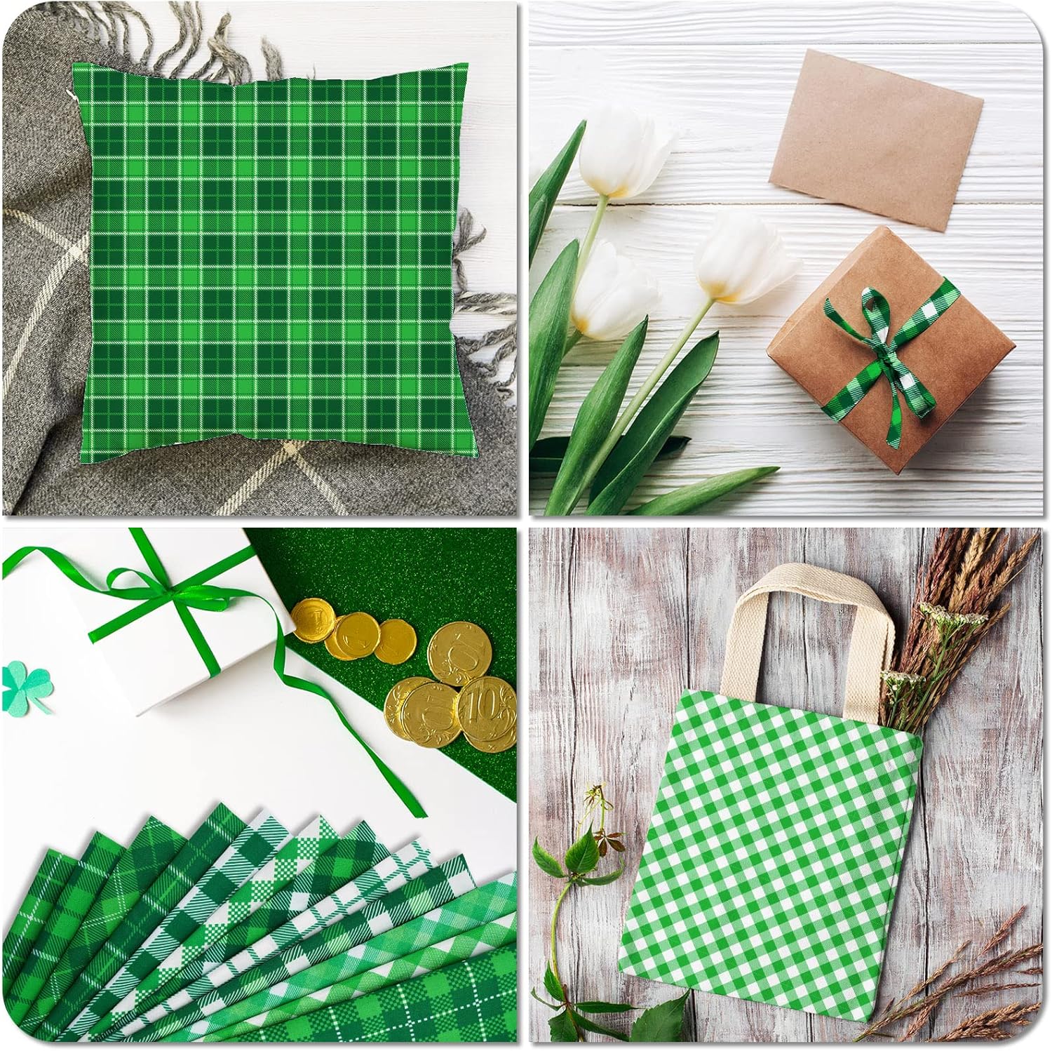 Whaline 12 Pcs St. Patrick's Day Cotton Fabric Bundles 18 x 22 Inch Green Buffalo Plaid Printed Fat Quarters Quilting Patchwork Squares Sewing Fabrics for DIY Craft Party Decor