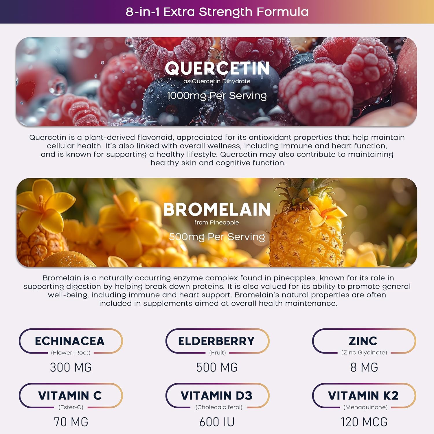 (2 Pack) Quercetin Gummies with Bromelain Zinc Elderberry Vitamin C D3 K2, Quercetin 1000mg Supplement with Bromelain 500mg for Cardiovascular, Immune System & Allergy, Vegan Gummy for Adult & Kid - Image 5