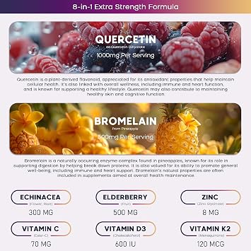 (2 Pack) Quercetin Gummies with Bromelain Zinc Elderberry Vitamin C D3 K2, Quercetin 1000mg Supplement with Bromelain 500mg for Cardiovascular, Immune System & Allergy, Vegan Gummy for Adult & Kid