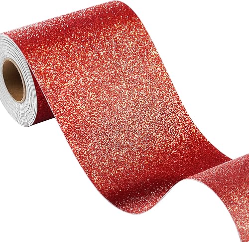 FunStick Papel tapiz con purpurina roja rubí, borde autoadhesivo, bordes de pared de color rojo brillante, papel de contacto con purpurina roja,