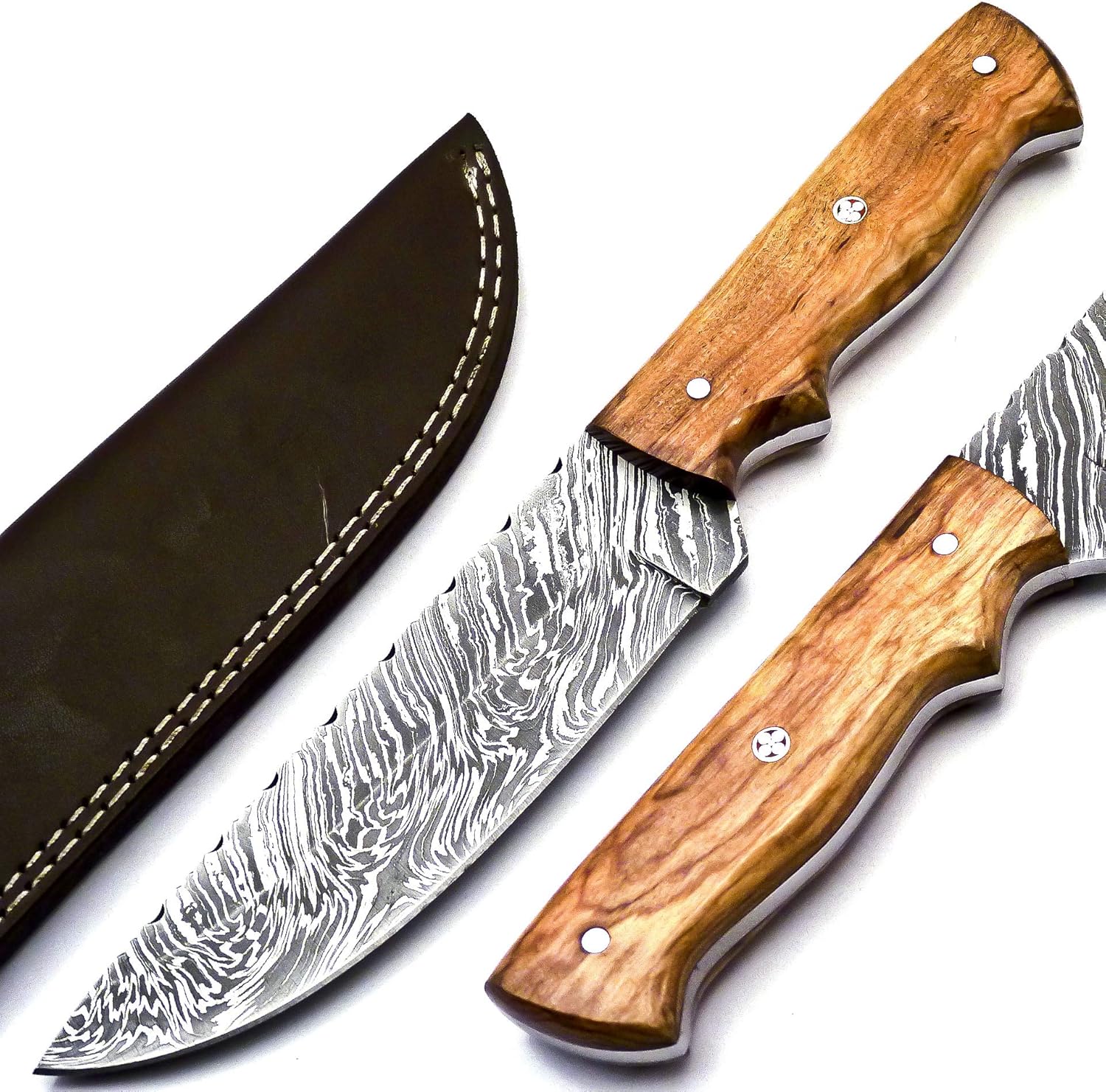 Nooraki REG-48 Hunting/Skinner Damascus Steel Handmade Knife 11 Inches Full Tang with Leather Sheath, Olive Wood