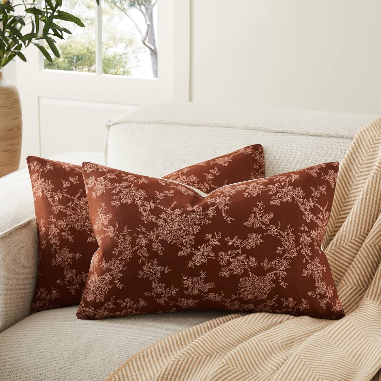 100% cotton french pastoral throw pillow covers set of 2, 12x20 inch background/terracota farmhouse decorative cushion covers for sofa bed living room home decor background terracota/cream 20" x 12" (pack of 2)